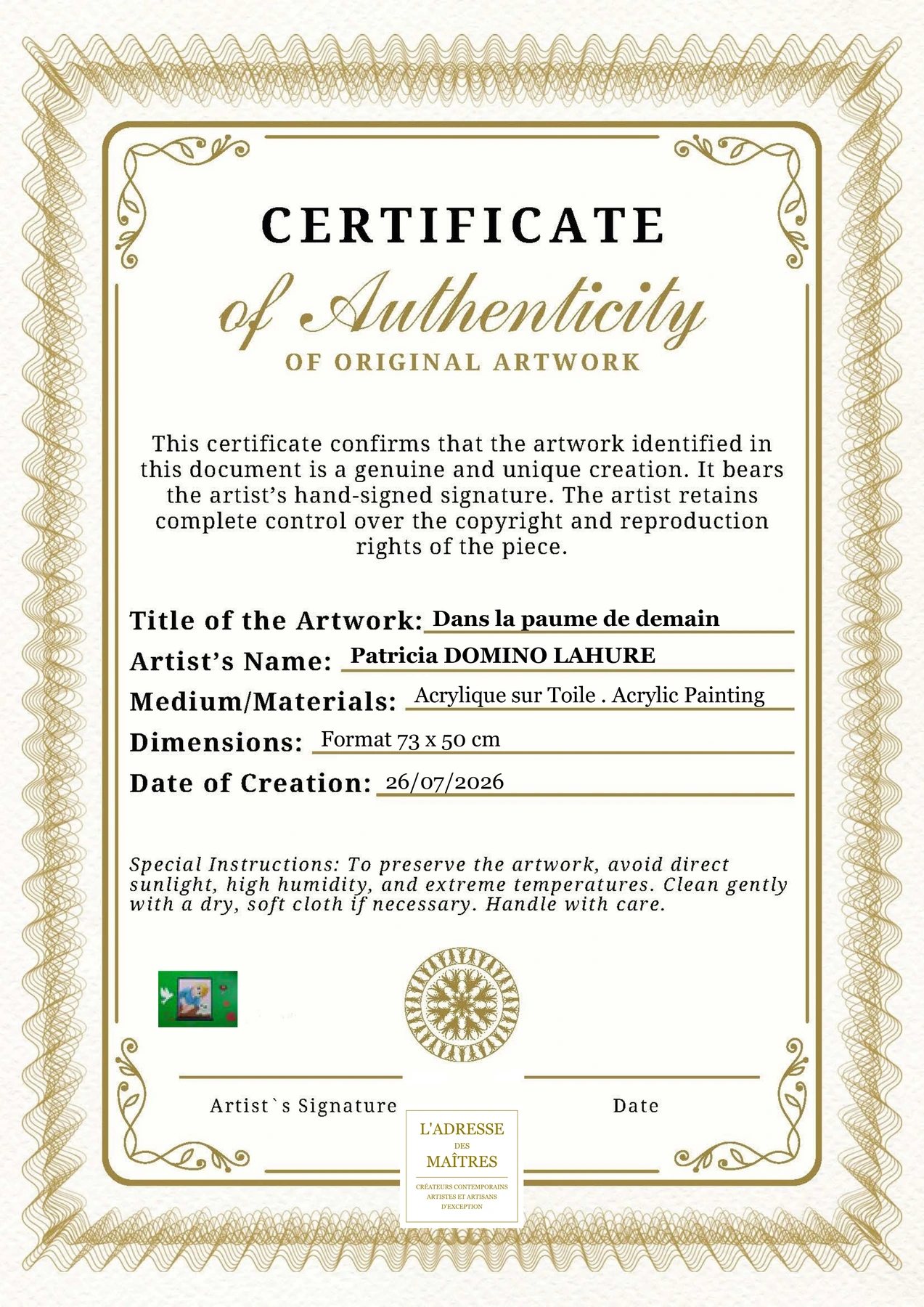 Certificat d'authenticité — Dans la paume de demain — Patricia DOMINO LAHURE