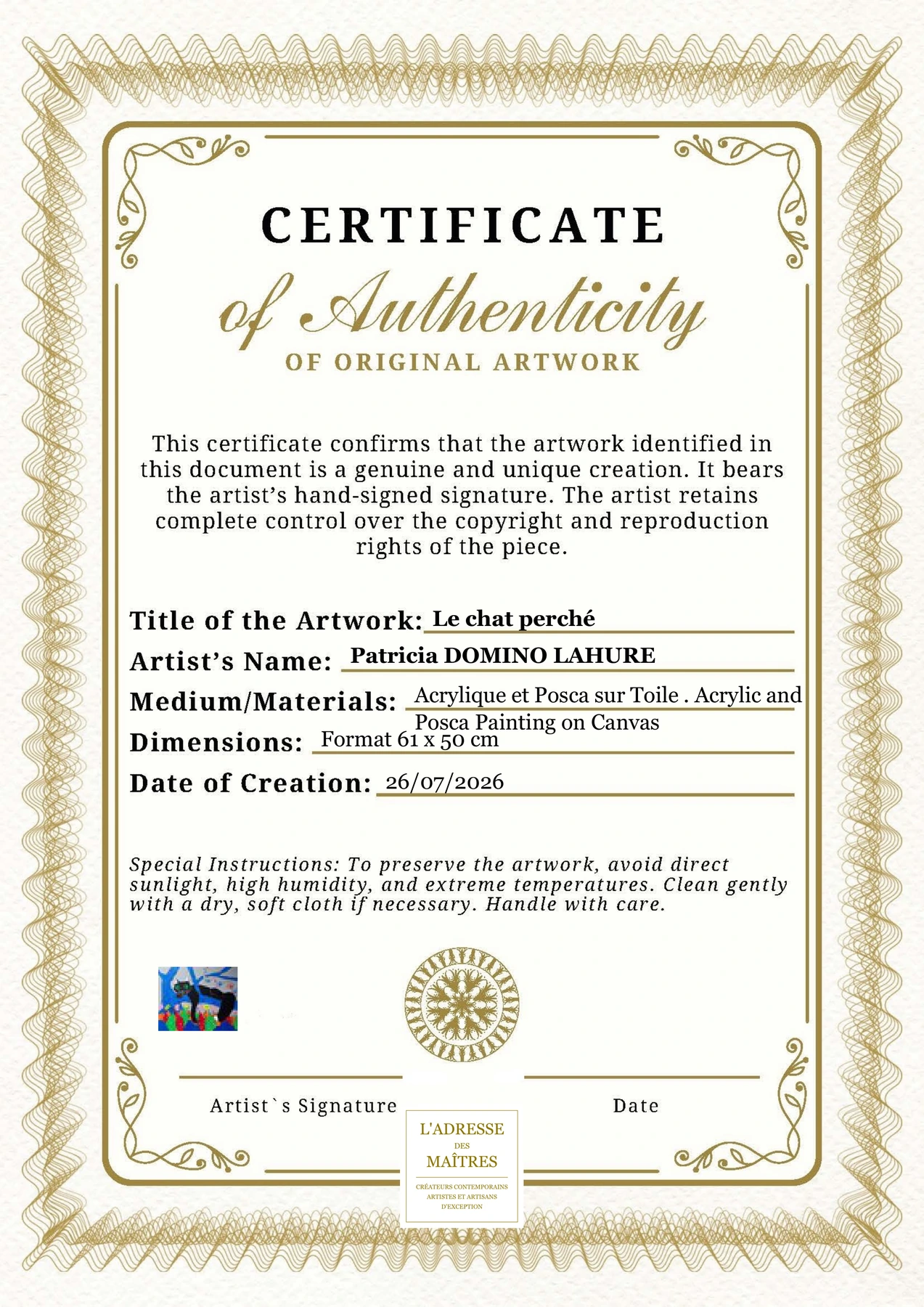 Certificat d'authenticité — Le chat perché — Patricia DOMINO LAHURE