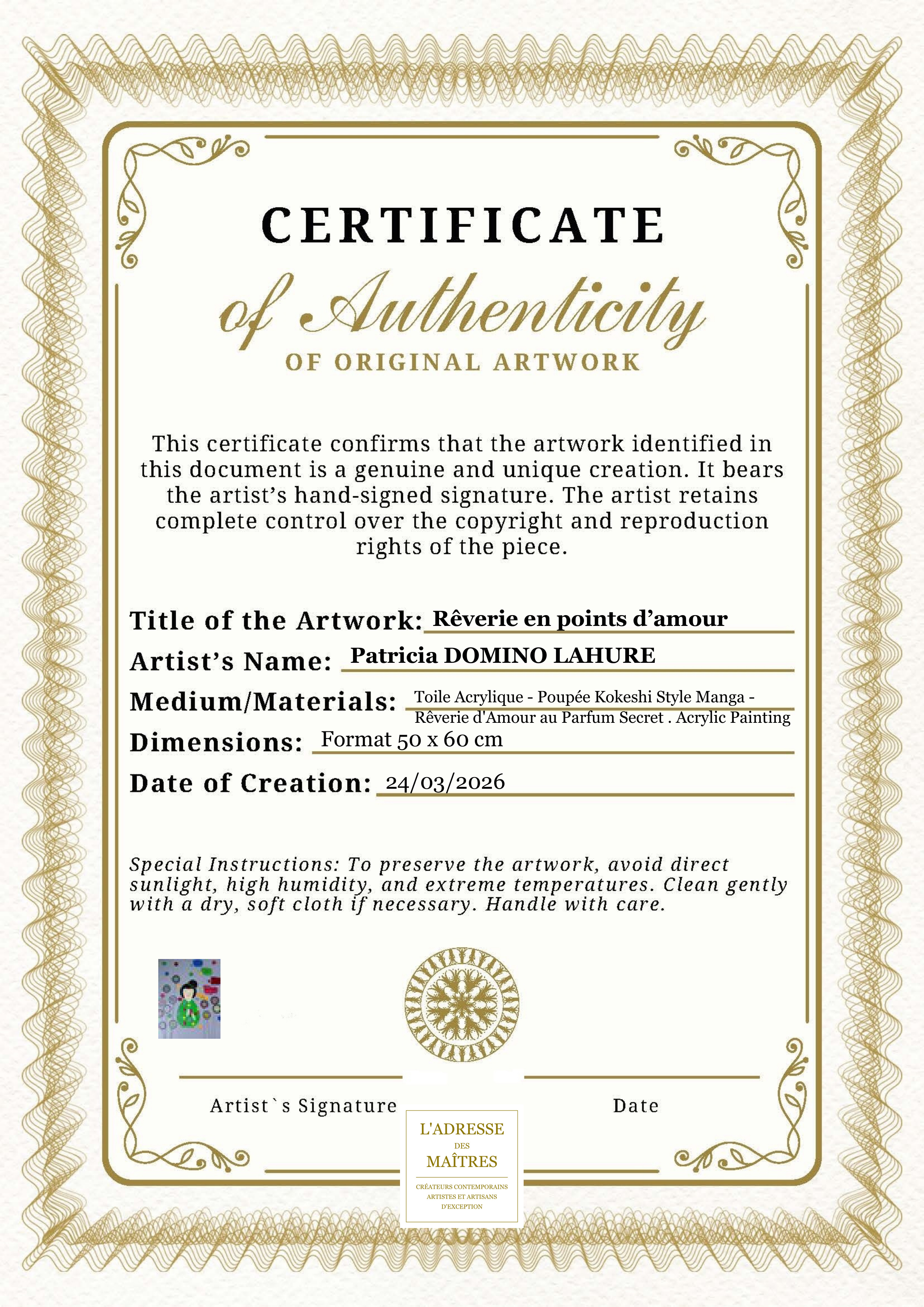 Certificat d'authenticité — Rêverie en points d’amour — Patricia DOMINO LAHURE