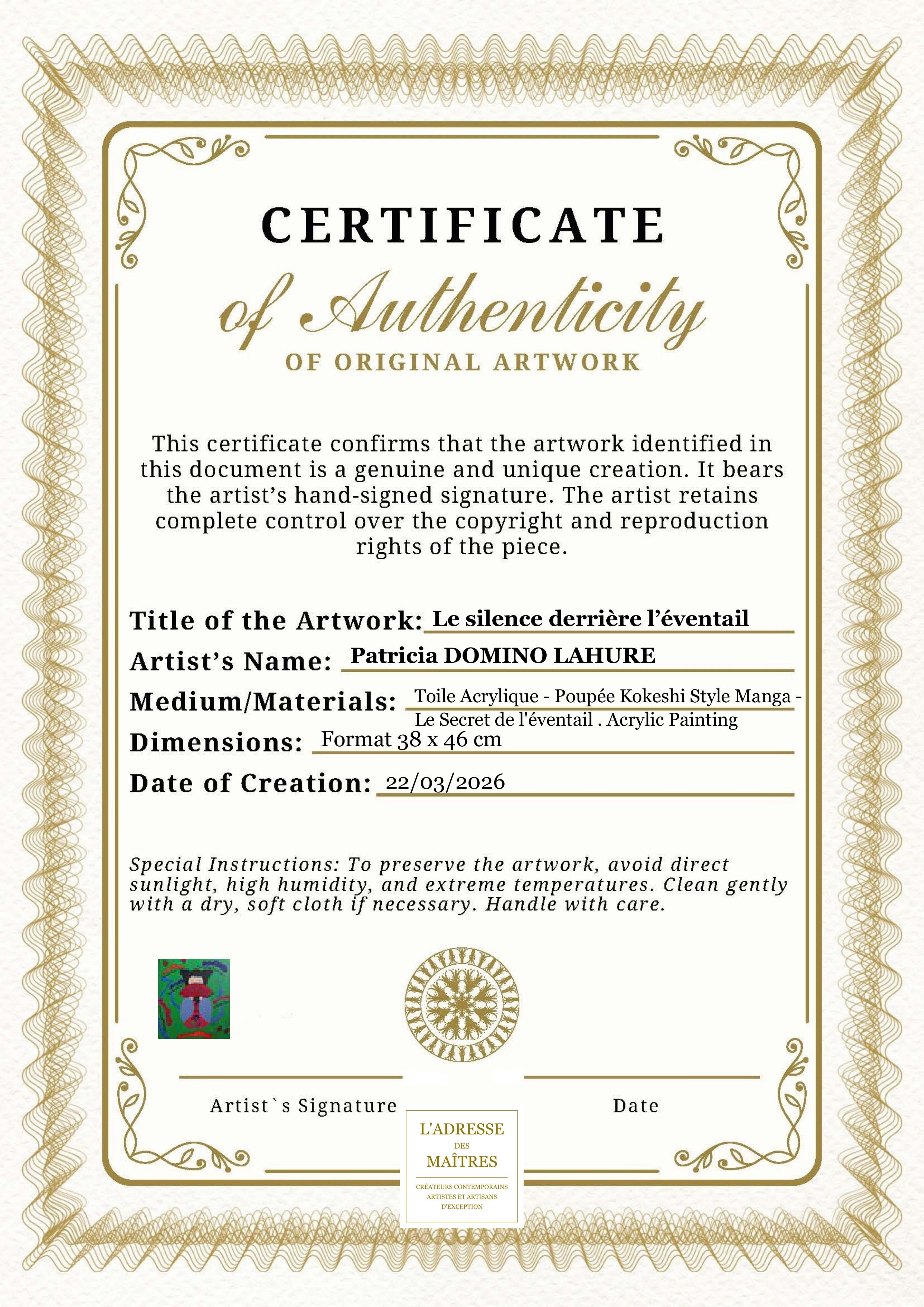 Certificat d'authenticité — Le silence derrière l’éventail — Patricia DOMINO LAHURE