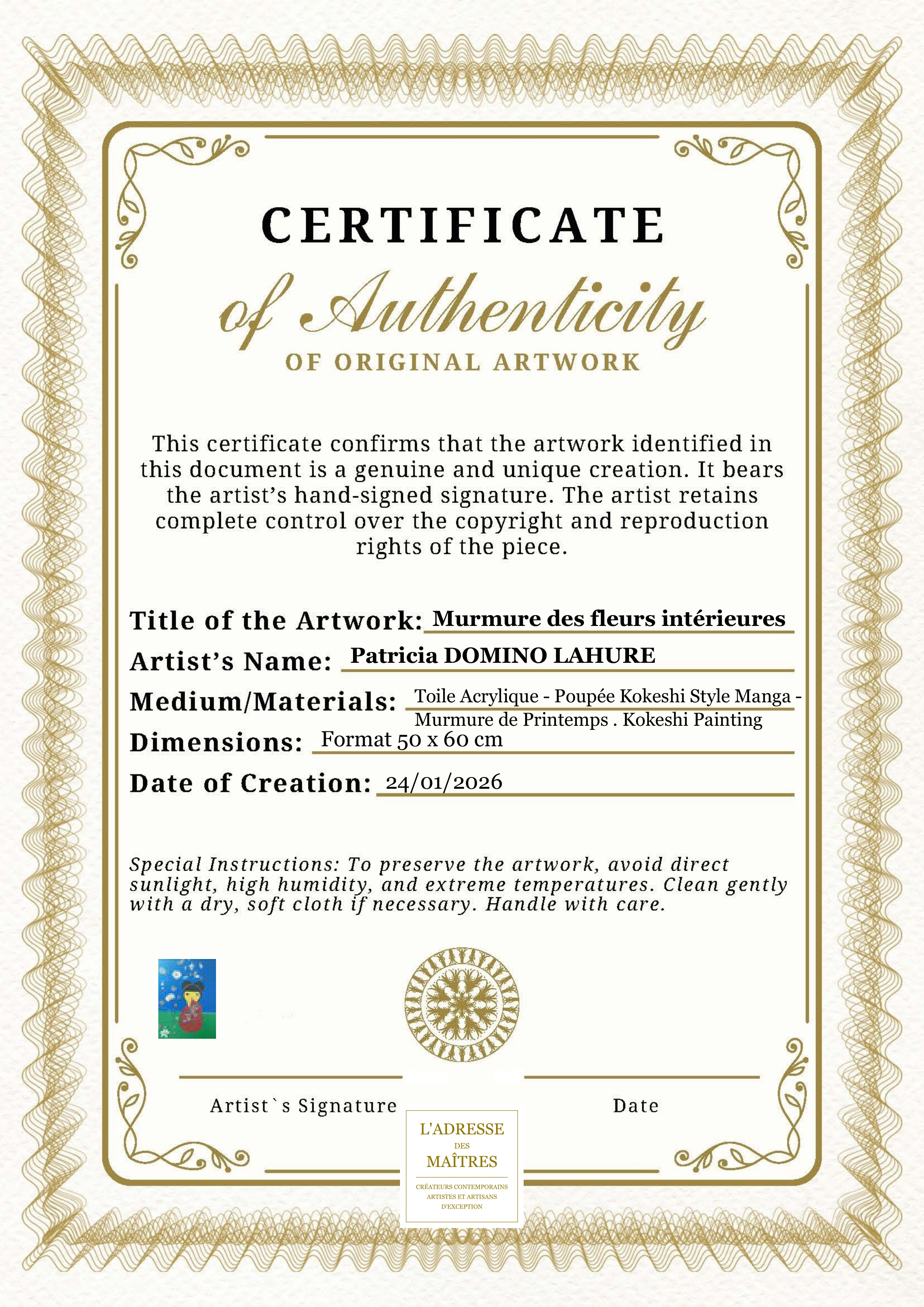 Certificat d'authenticité — Murmure des fleurs intérieures — Patricia DOMINO LAHURE
