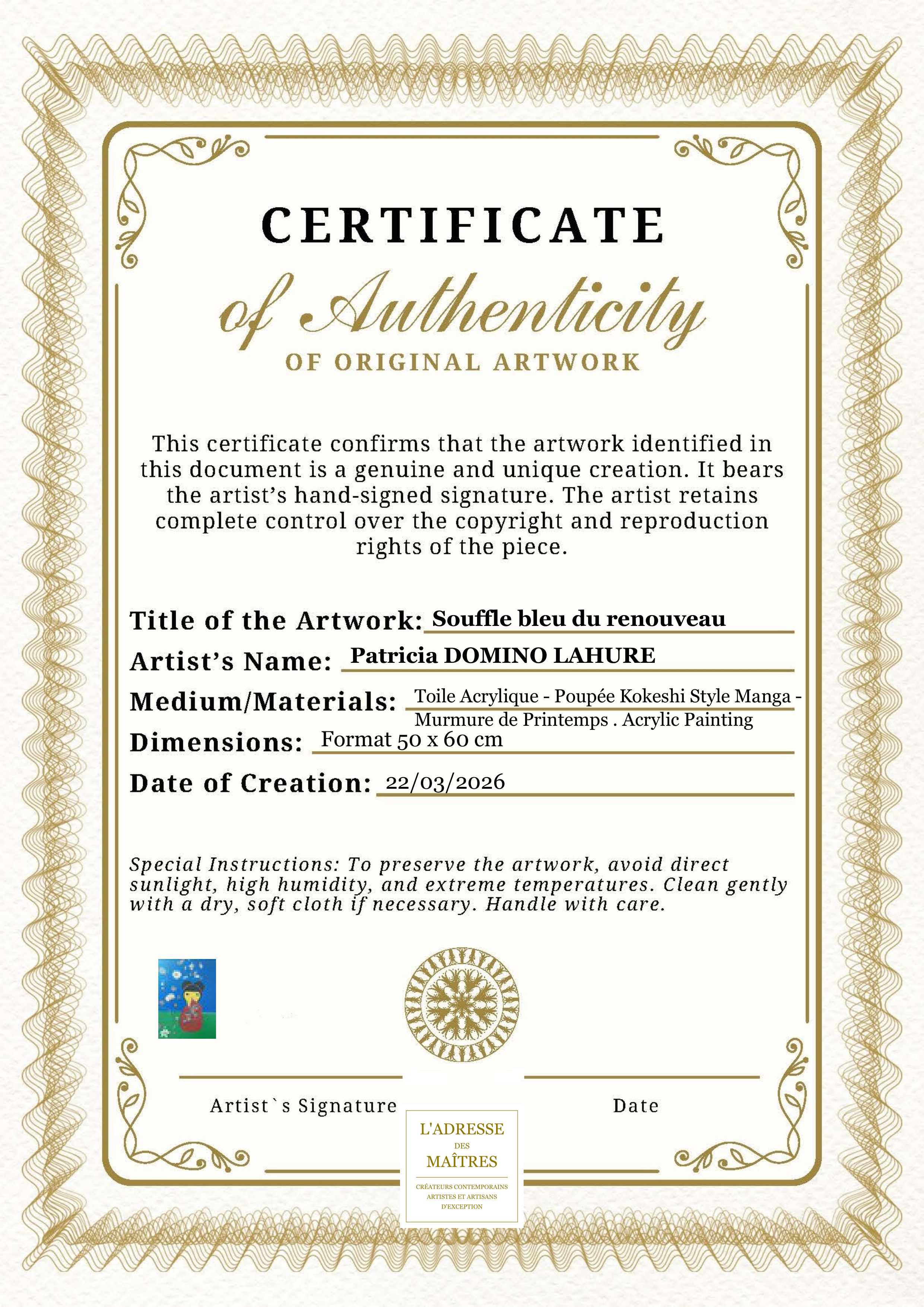 Certificat d'authenticité — Souffle bleu du renouveau — Patricia DOMINO LAHURE