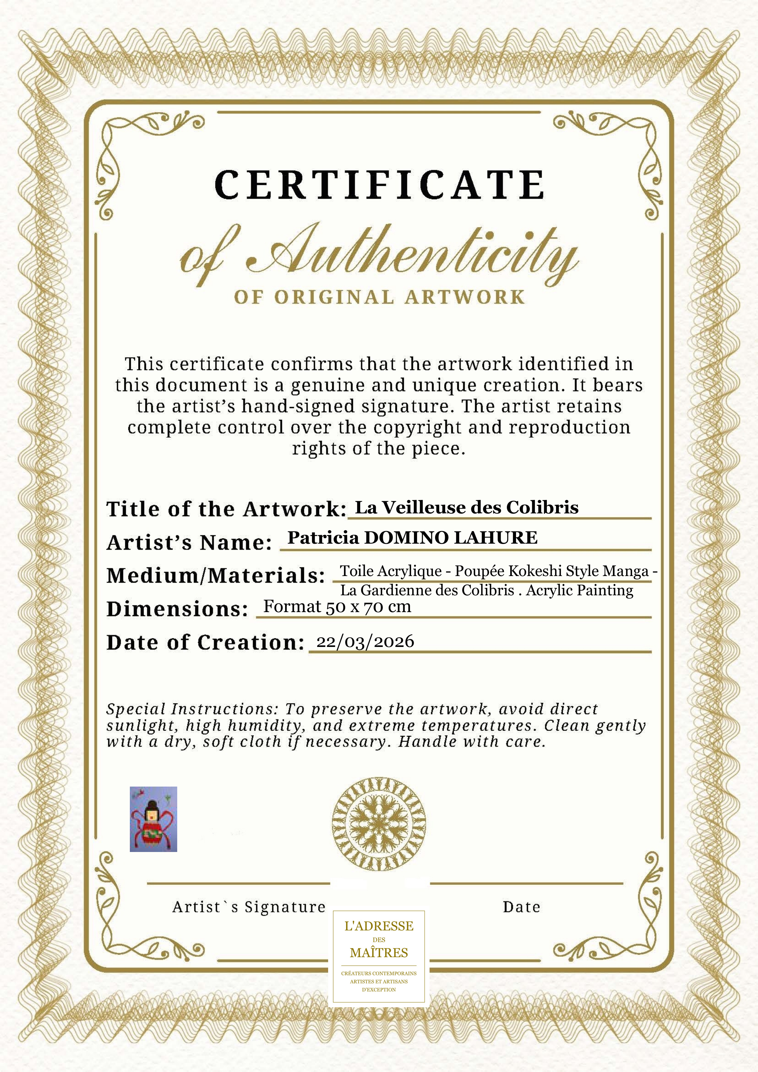 Certificat d'authenticité — La Veilleuse des Colibris — Patricia DOMINO LAHURE