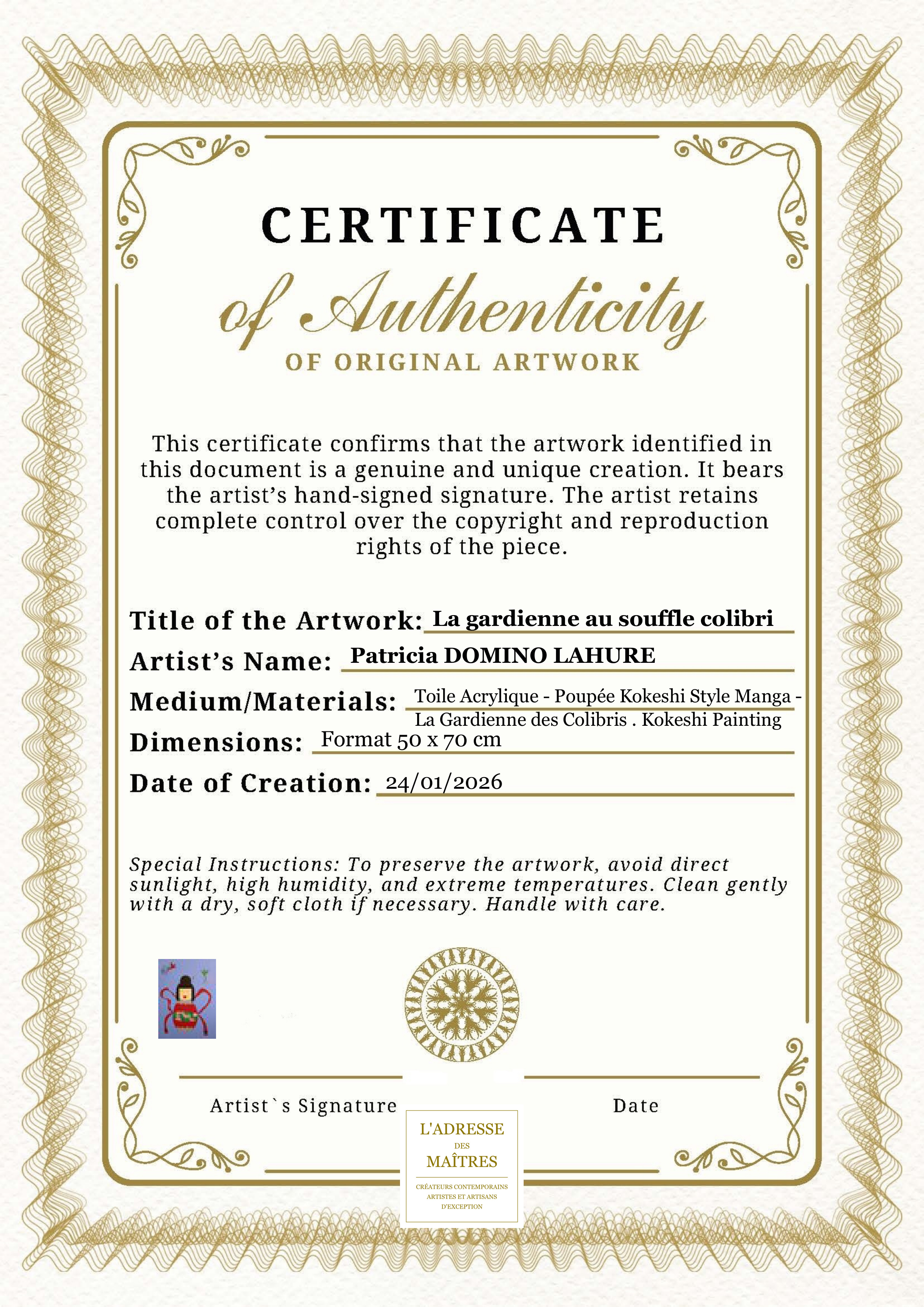 Certificat d'authenticité — La gardienne au souffle colibri — Patricia DOMINO LAHURE