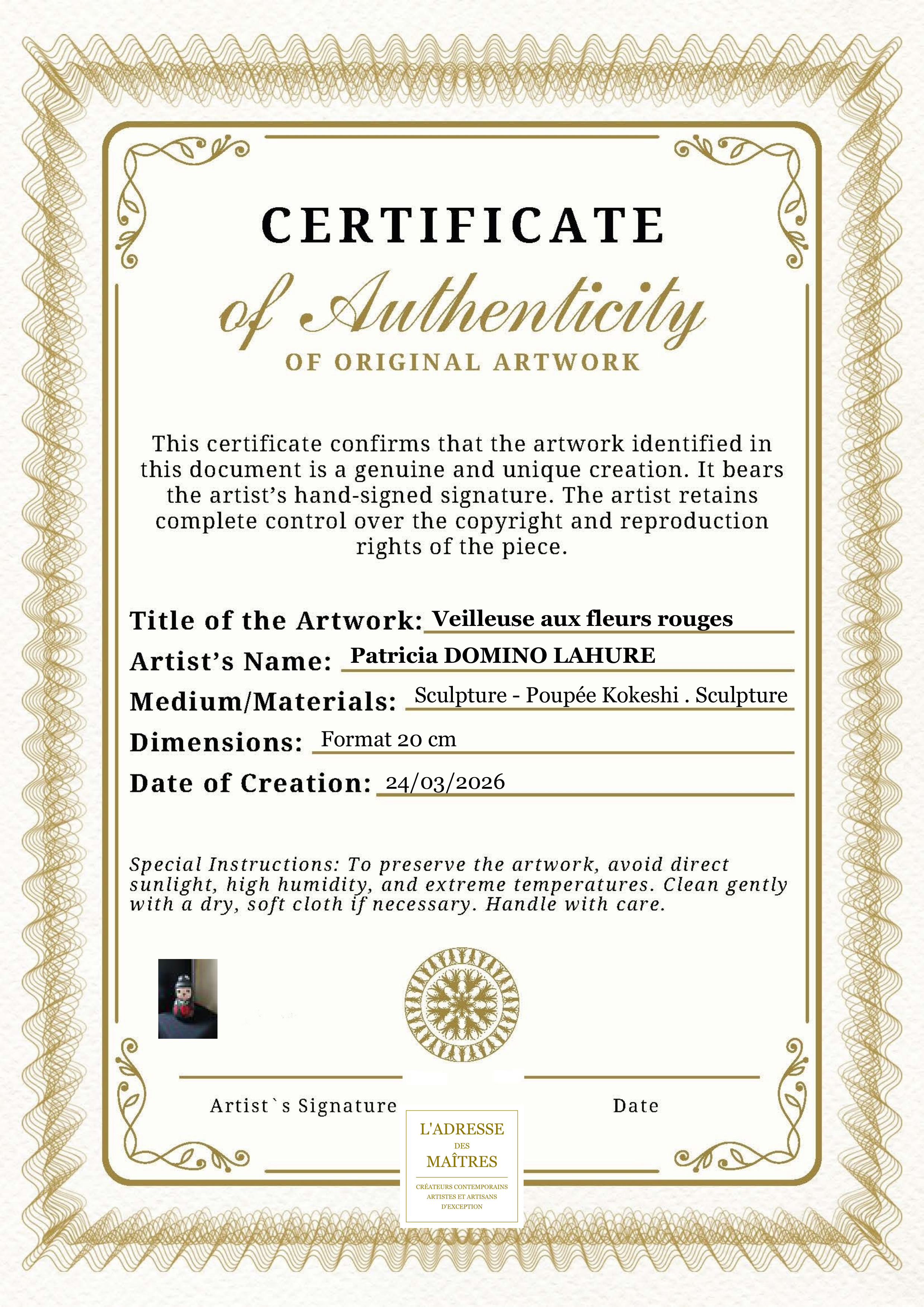 Certificat d'authenticité — Veilleuse aux fleurs rouges — Patricia DOMINO LAHURE