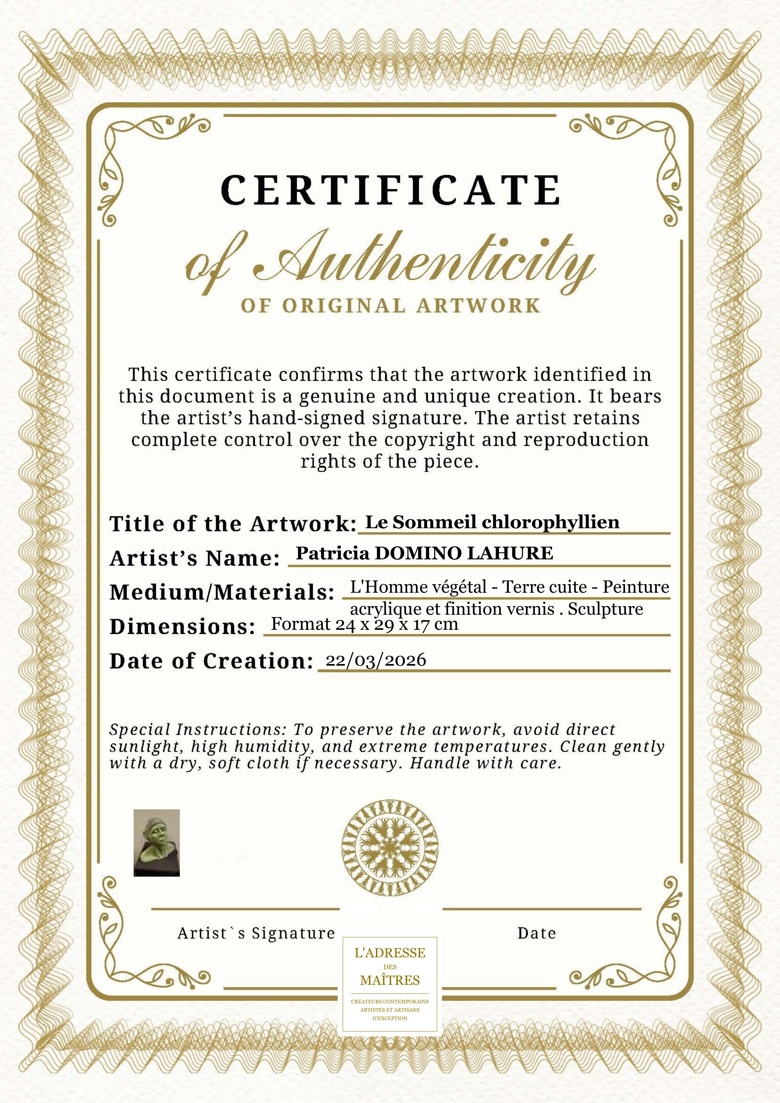 Certificat d'authenticité — Le Sommeil chlorophyllien — Patricia DOMINO LAHURE