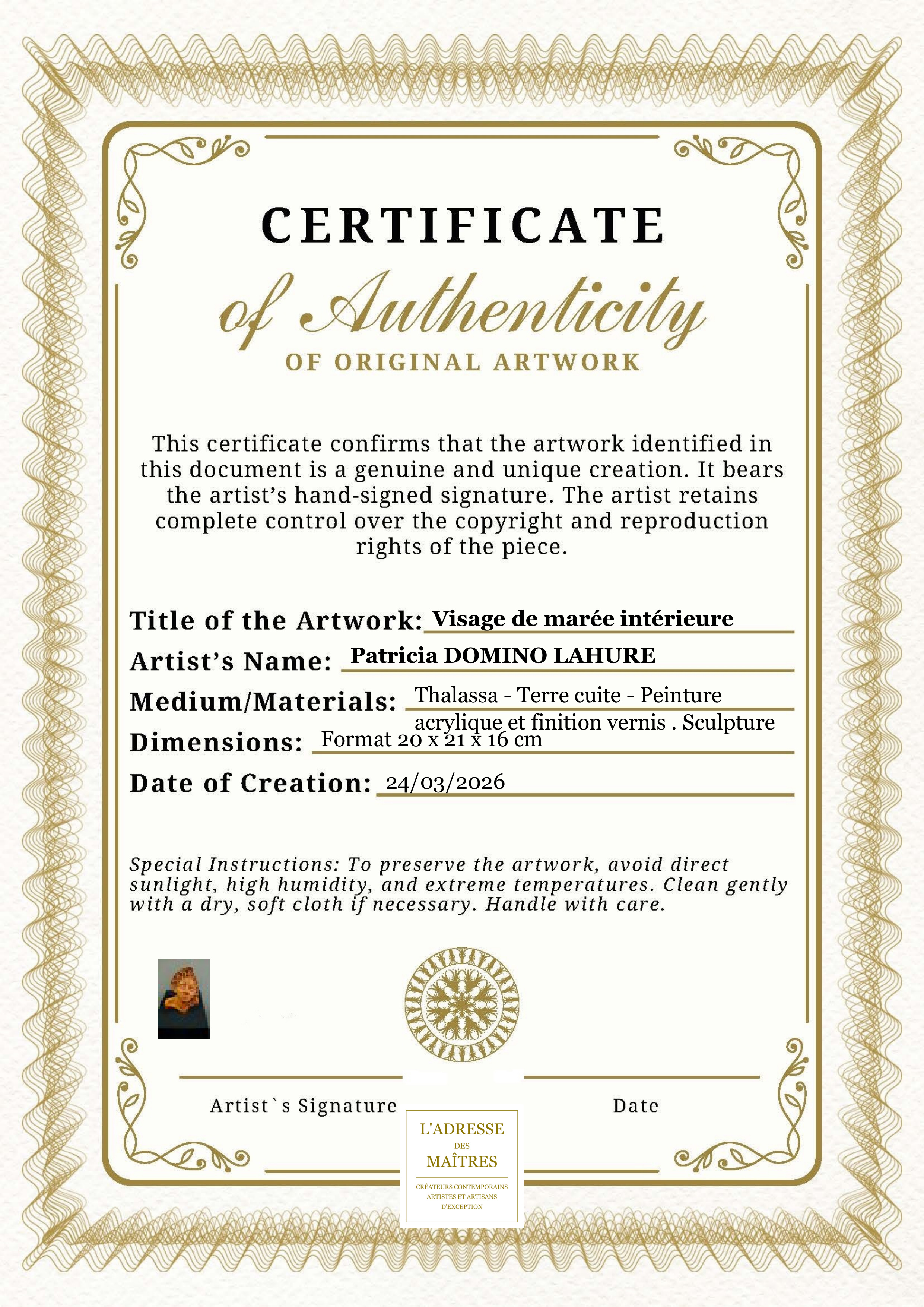 Certificat d'authenticité — Visage de marée intérieure — Patricia DOMINO LAHURE
