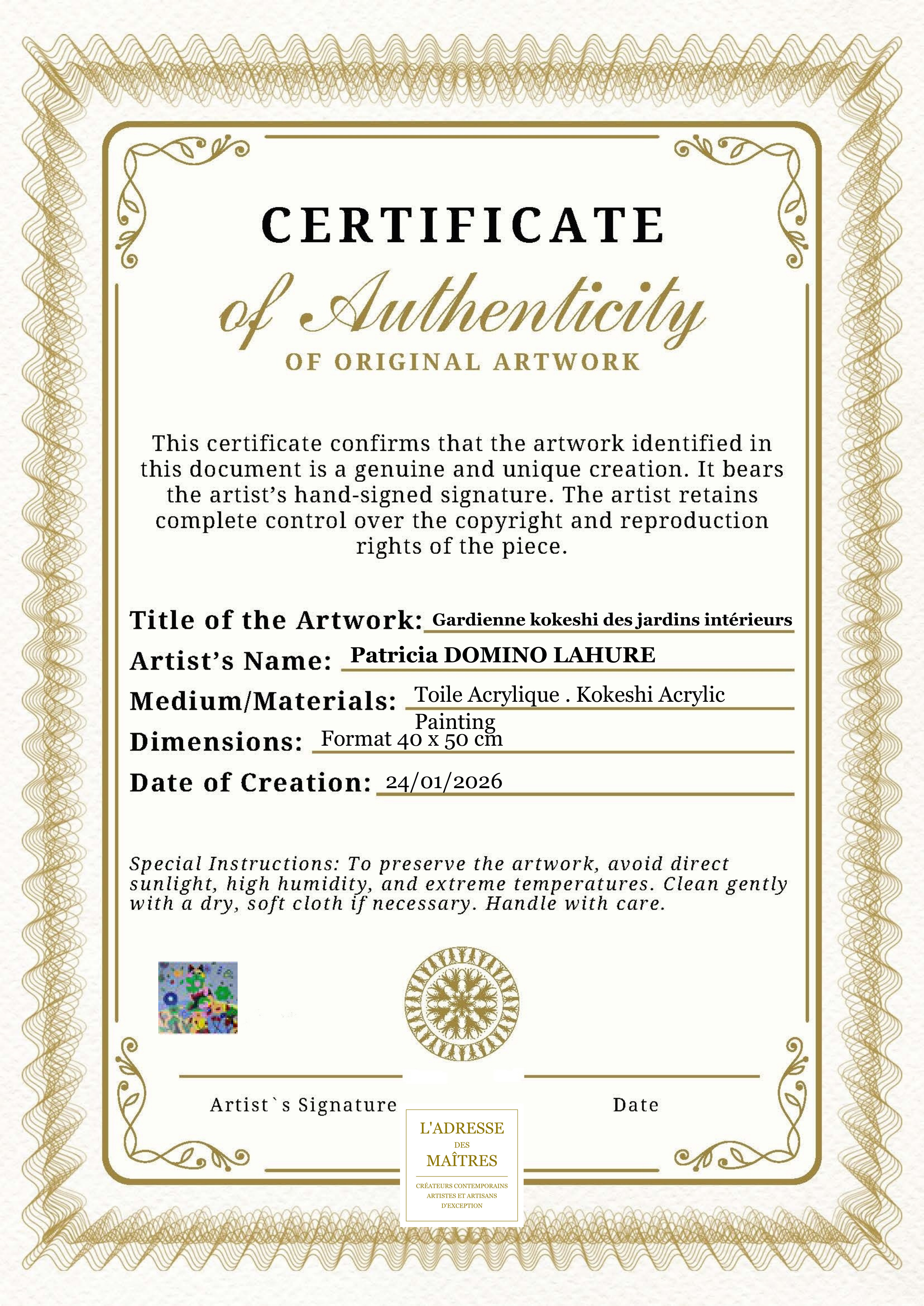 Certificat d'authenticité — Gardienne kokeshi des jardins intérieurs — Patricia DOMINO LAHURE