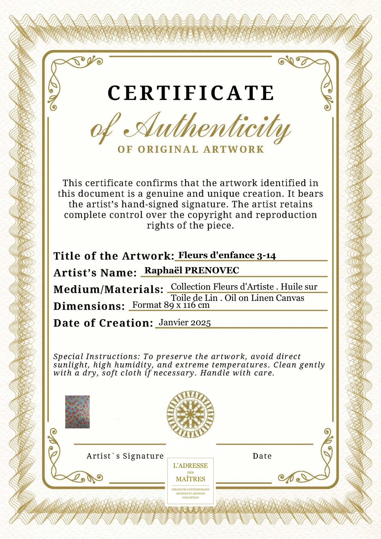 Certificat d'authenticité - Fleurs d'enfance 3-14 - Raphaël PRENOVEC