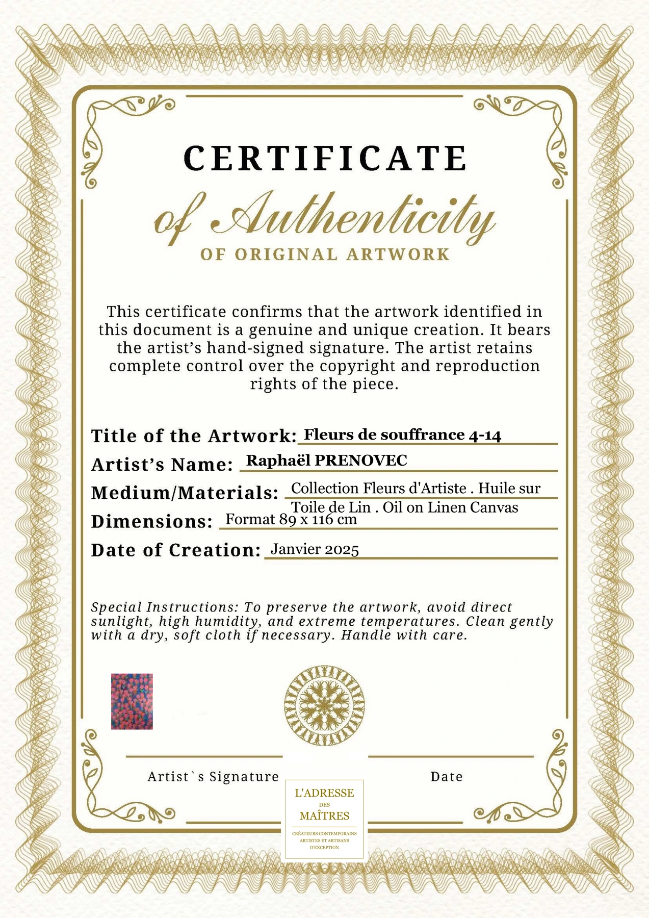 Certificat d'authenticité - Fleurs de souffrance 4-14 - Raphaël PRENOVEC