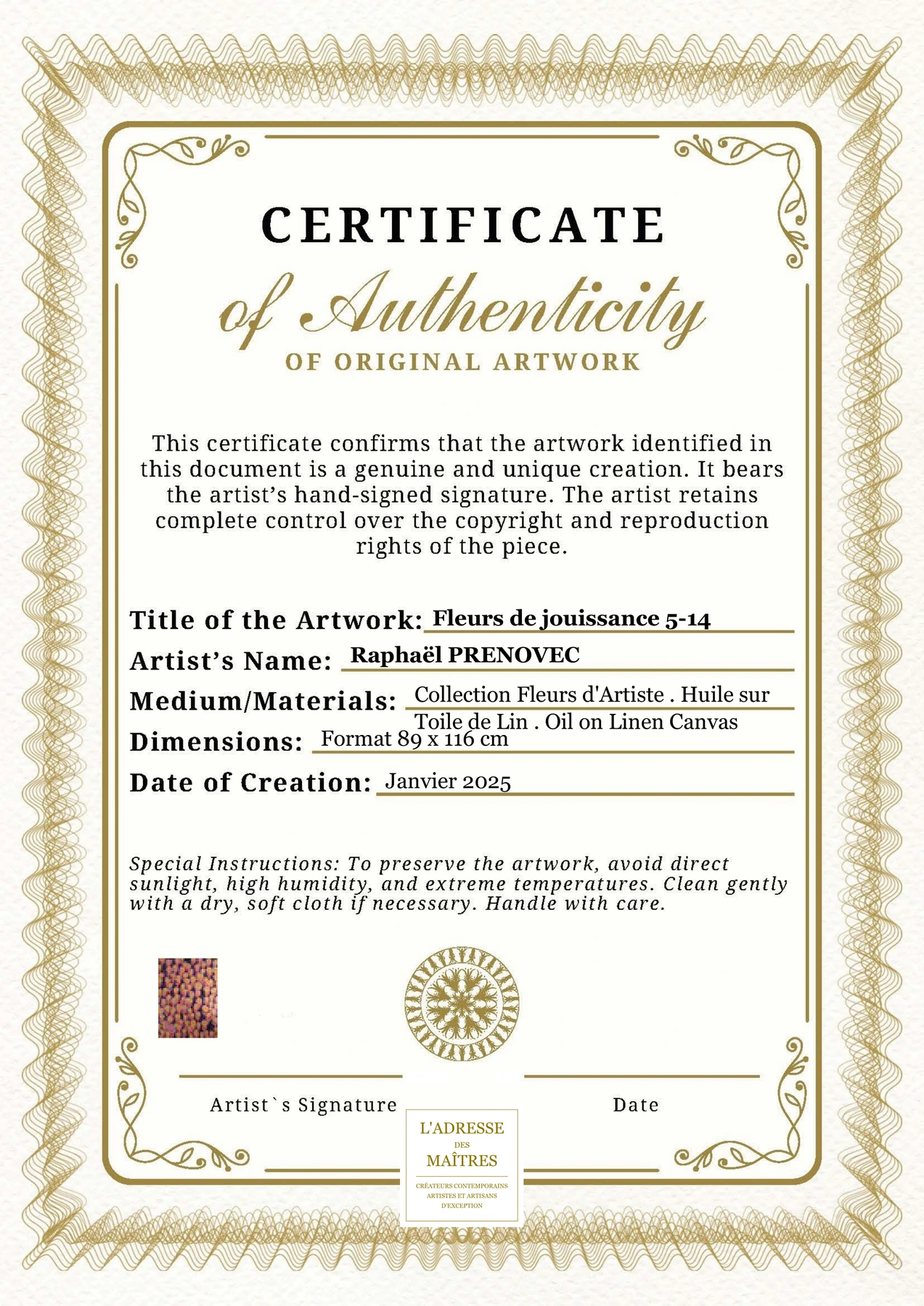Certificat d'authenticité - Fleurs de jouissance 5-14 - Raphaël PRENOVEC
