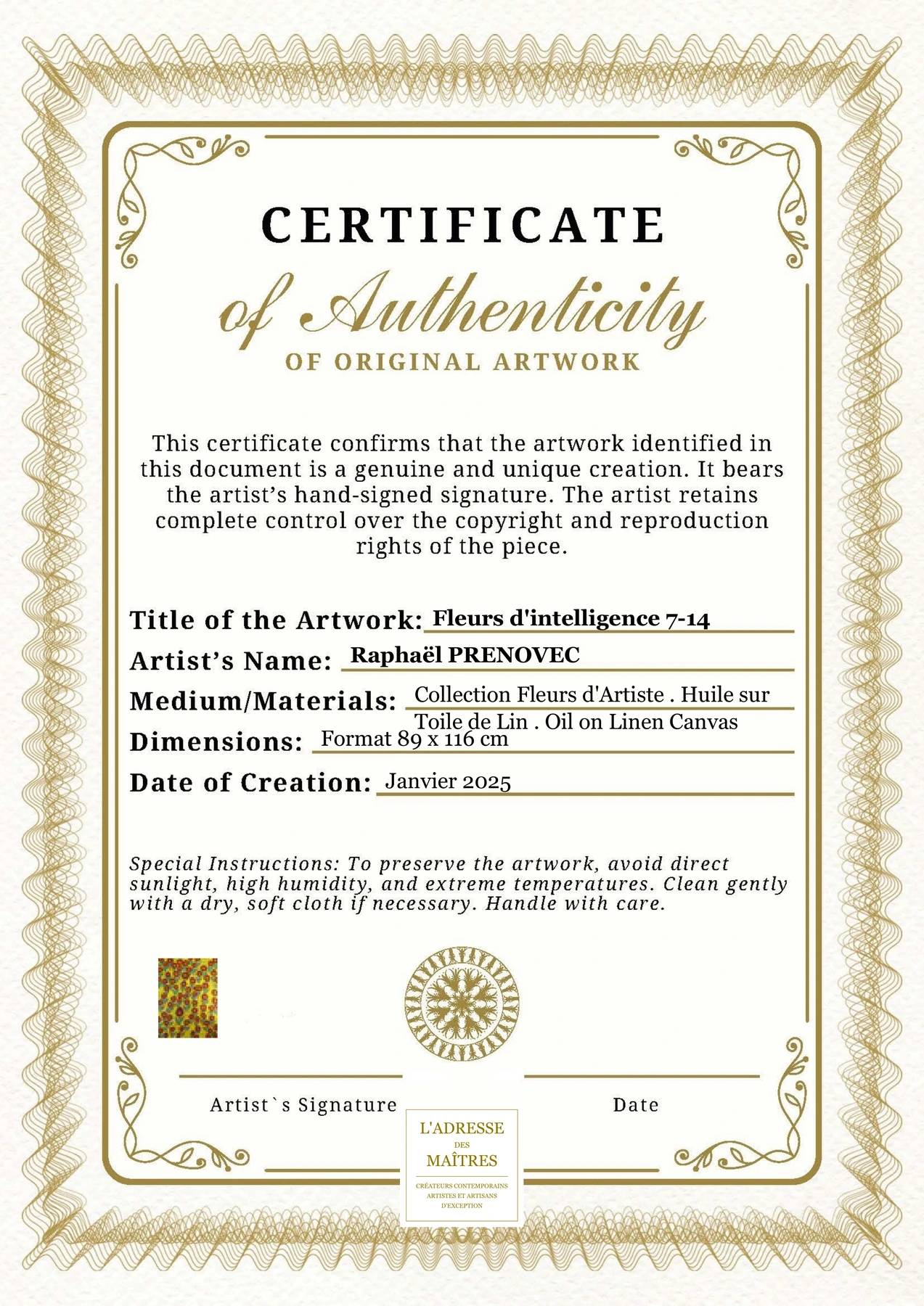Certificat d'authenticité - Fleurs d'intelligence 7-14 - Raphaël PRENOVEC