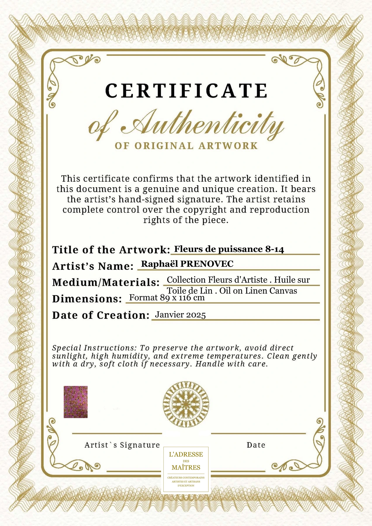 Certificat d'authenticité - Fleurs de puissance 8-14 - Raphaël PRENOVEC