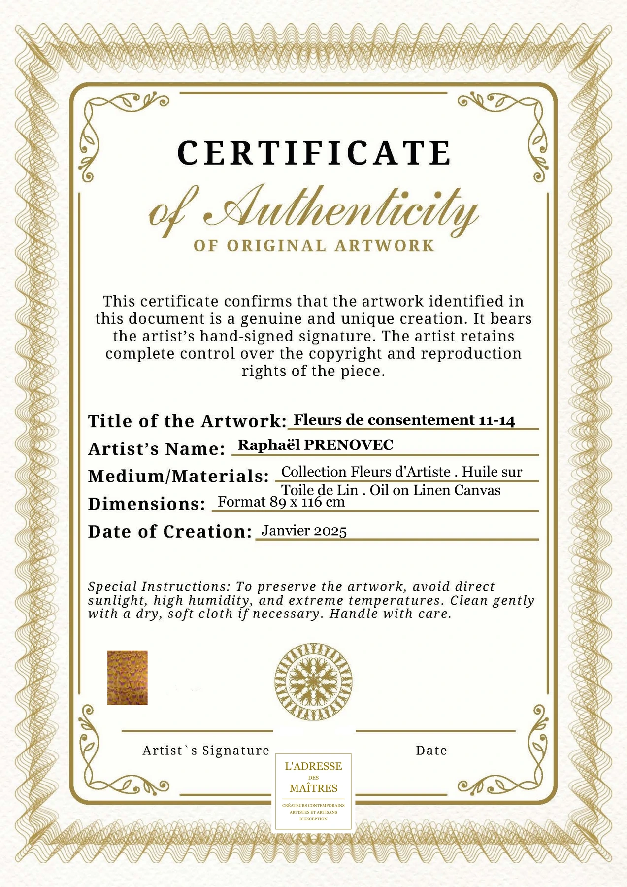 Certificat d'authenticité - Fleurs de consentement 11-14 - Raphaël PRENOVEC