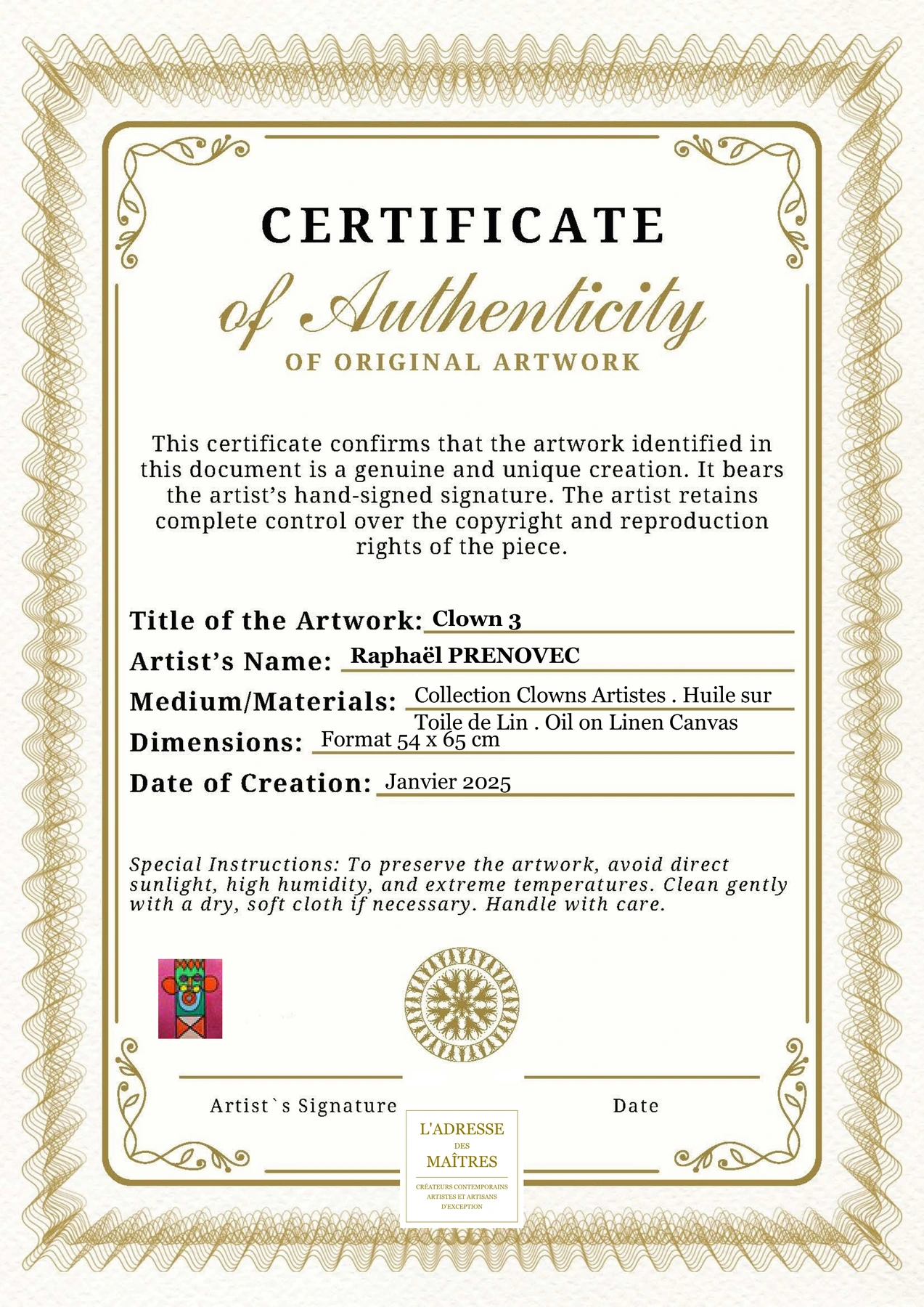 Certificat d'authenticité - Clown 3 - Raphaël PRENOVEC