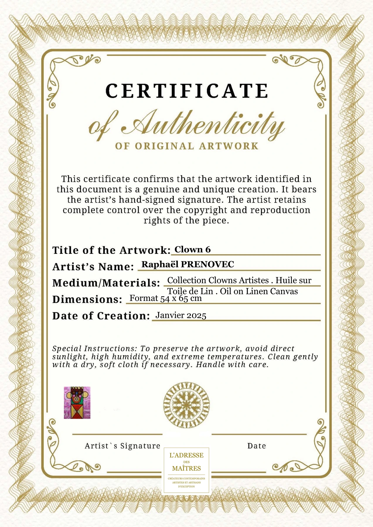 Certificat d'authenticité - Clown 6 - Raphaël PRENOVEC