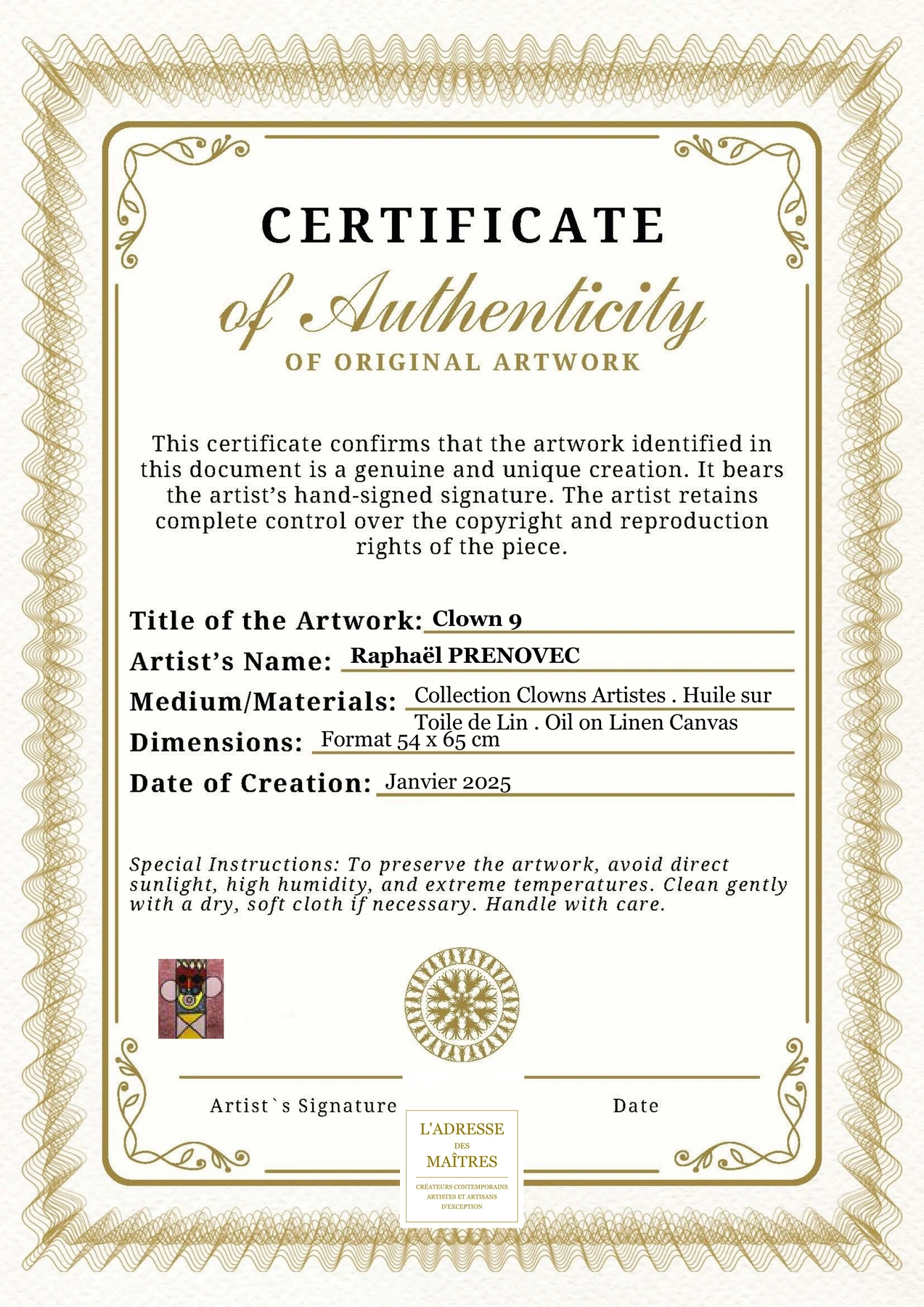 Certificat d'authenticité - Clown 9 - Raphaël PRENOVEC