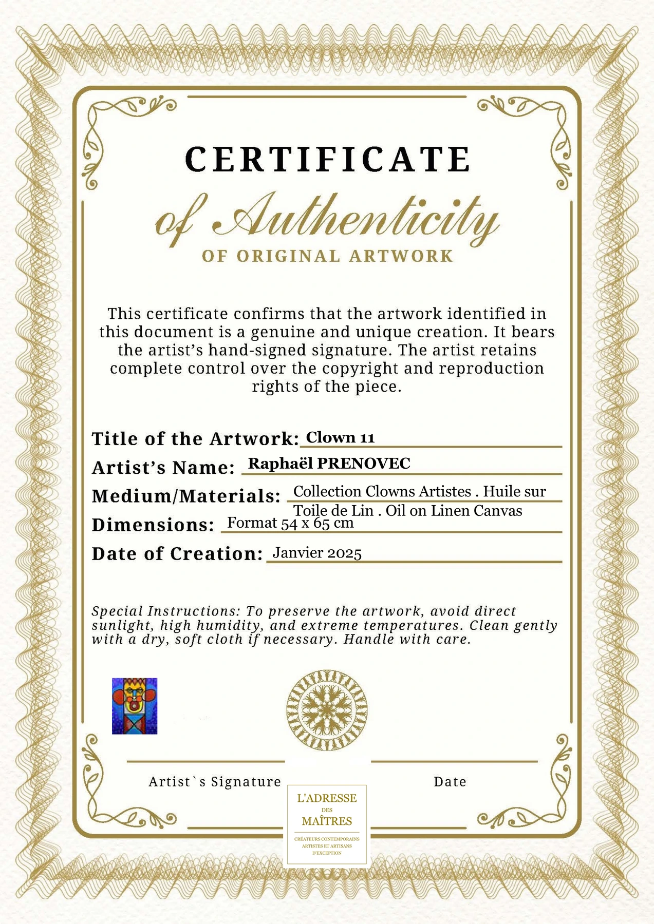Certificat d'authenticité - Clown 11 - Raphaël PRENOVEC