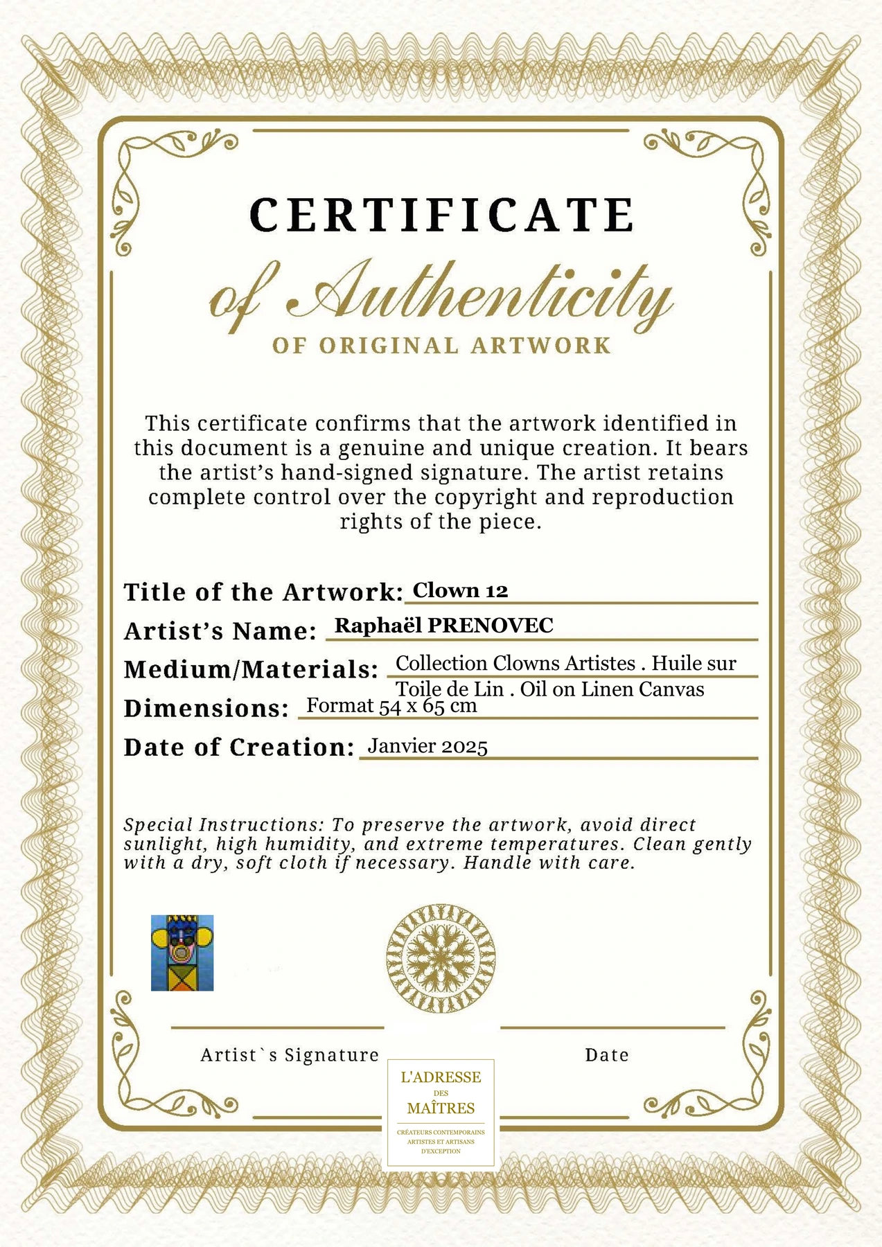 Certificat d'authenticité - Clown 12 - Raphaël PRENOVEC