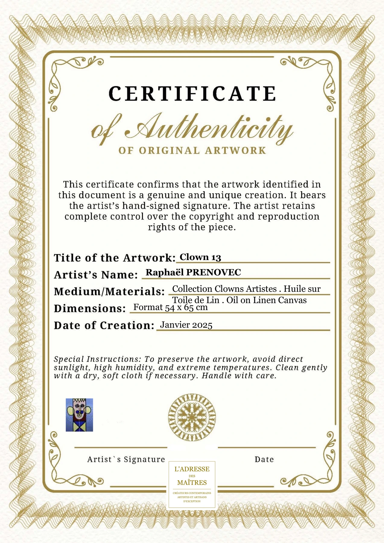 Certificat d'authenticité - Clown 13 - Raphaël PRENOVEC