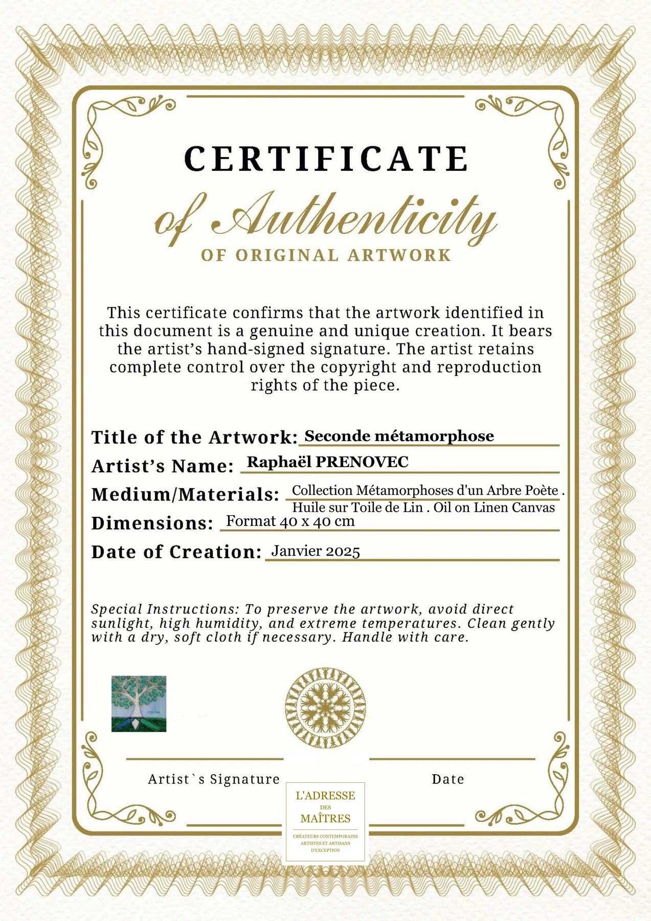 Certificat d'authenticité - Seconde métamorphose - Raphaël PRENOVEC