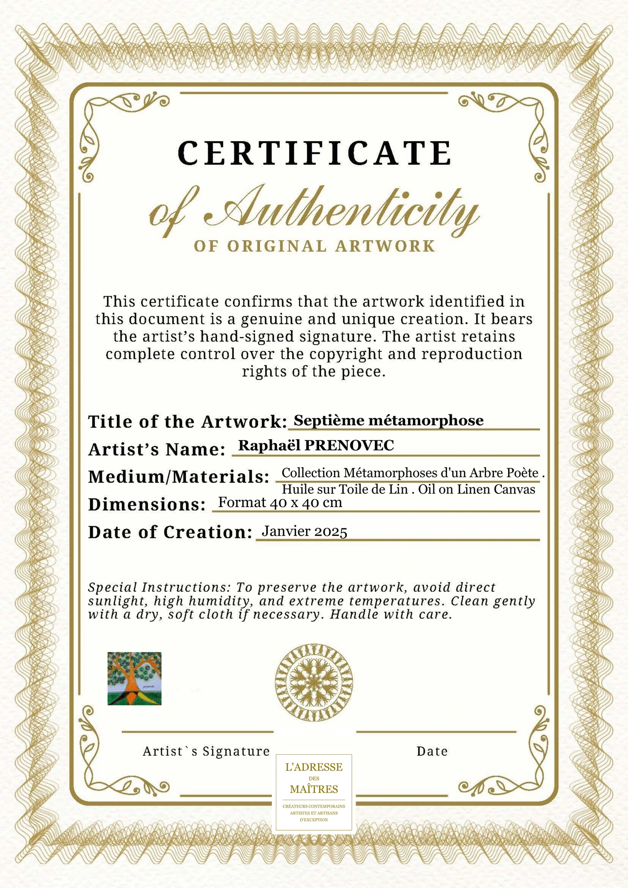 Certificat d'authenticité - Septième métamorphose - Raphaël PRENOVEC