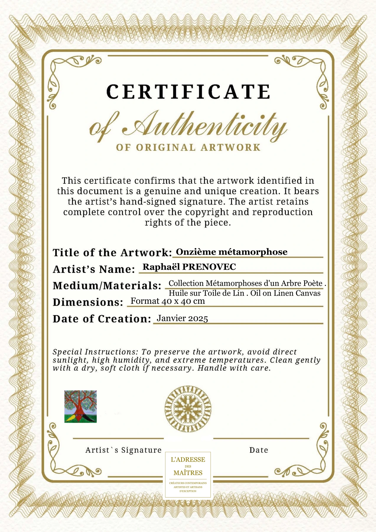Certificat d'authenticité - Onzième métamorphose - Raphaël PRENOVEC