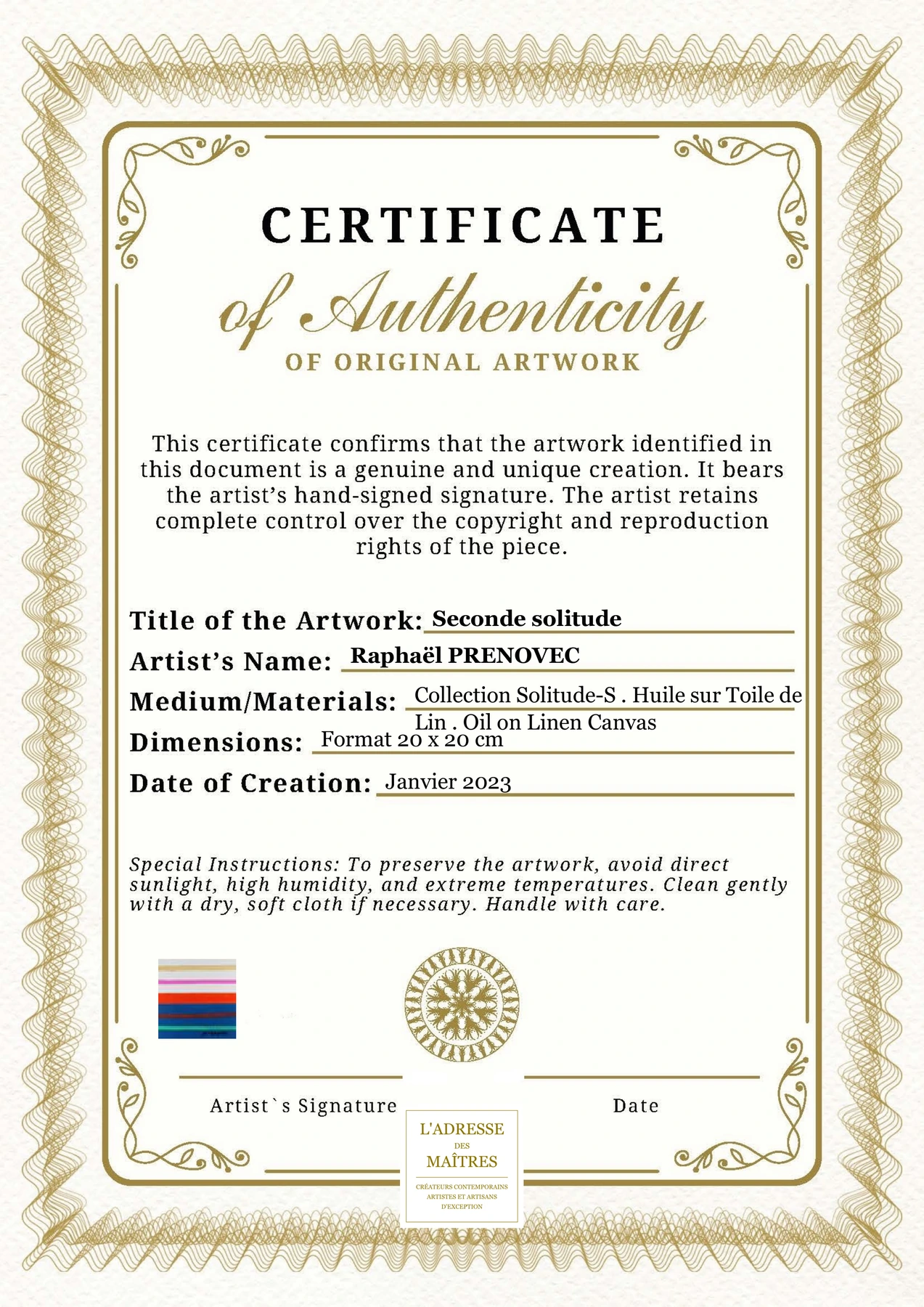 Certificat d'authenticité - Seconde solitude - Raphaël PRENOVEC