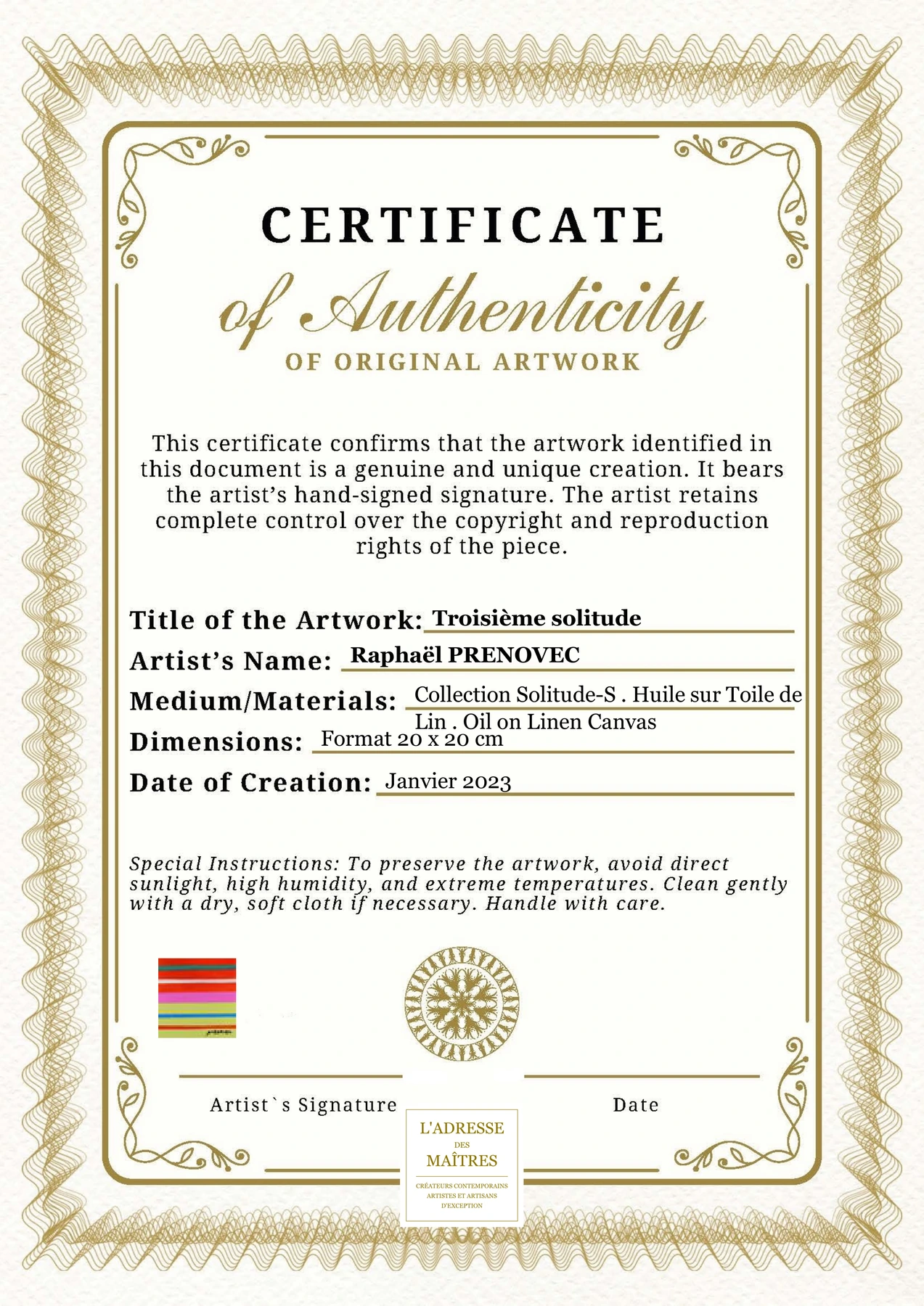 Certificat d'authenticité - Troisième solitude - Raphaël PRENOVEC