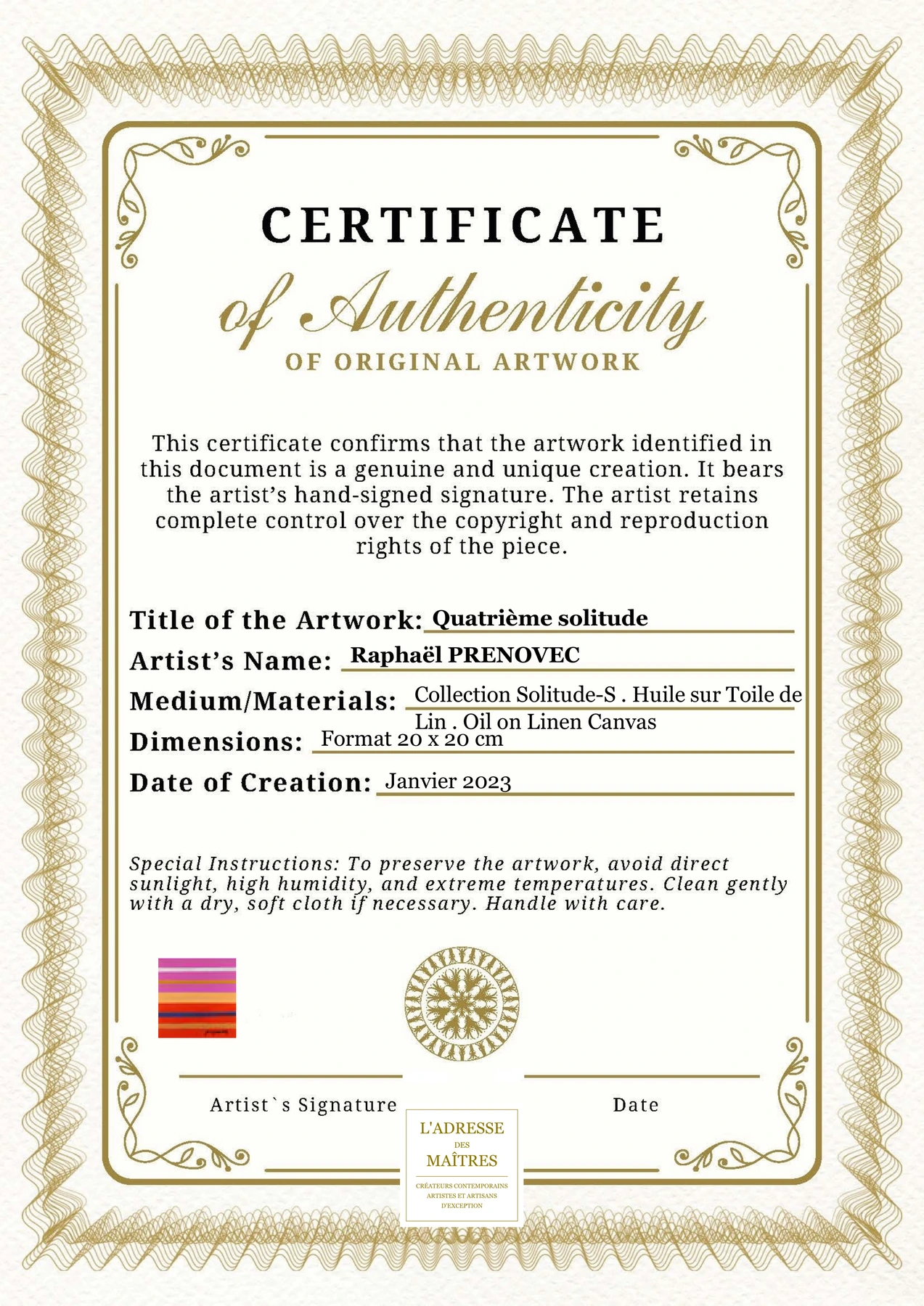 Certificat d'authenticité - Quatrième solitude - Raphaël PRENOVEC