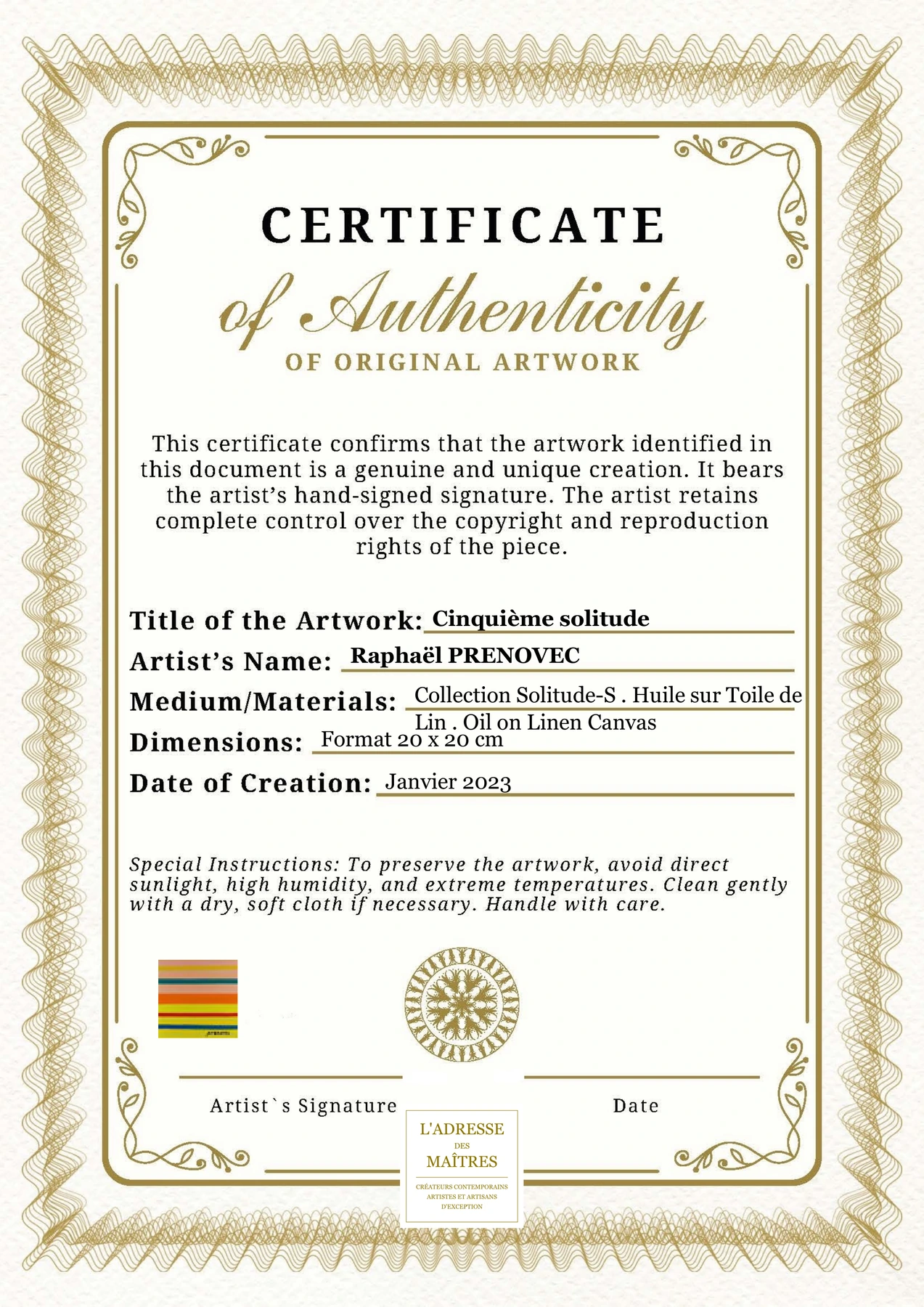 Certificat d'authenticité - Cinquième solitude - Raphaël PRENOVEC