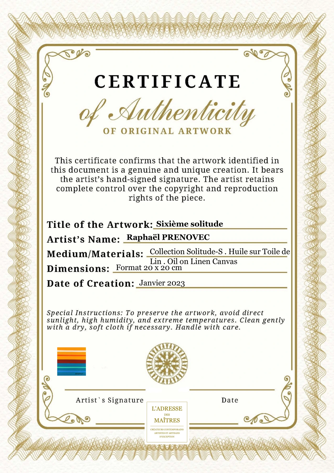Certificat d'authenticité - Sixième solitude - Raphaël PRENOVEC