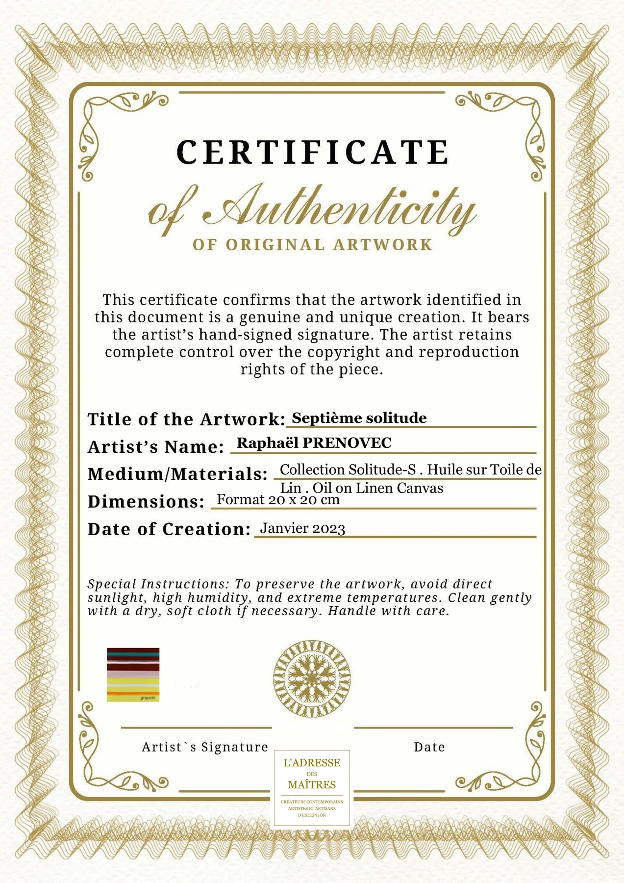 Certificat d'authenticité - Septième solitude - Raphaël PRENOVEC