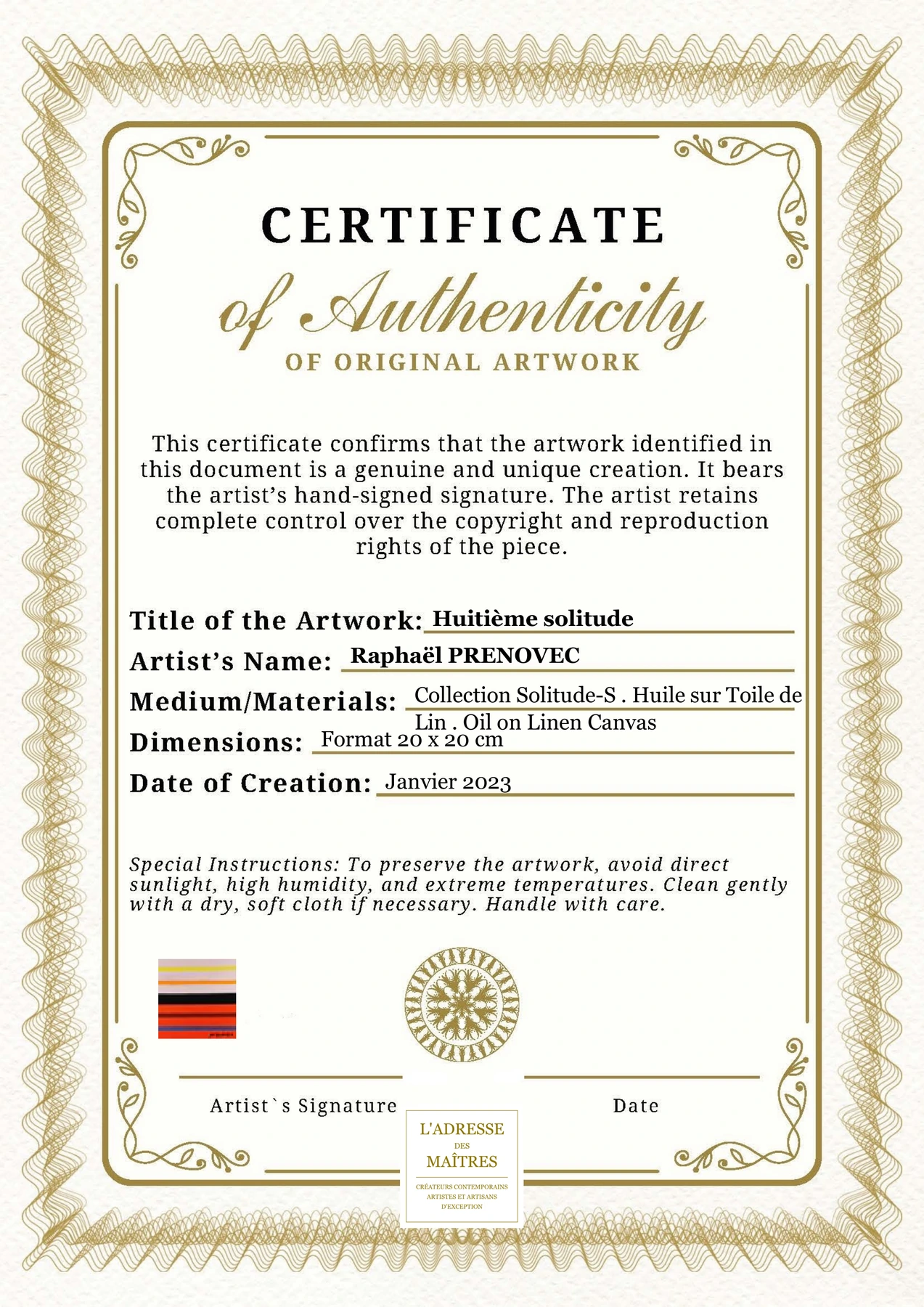 Certificat d'authenticité - Huitième solitude - Raphaël PRENOVEC