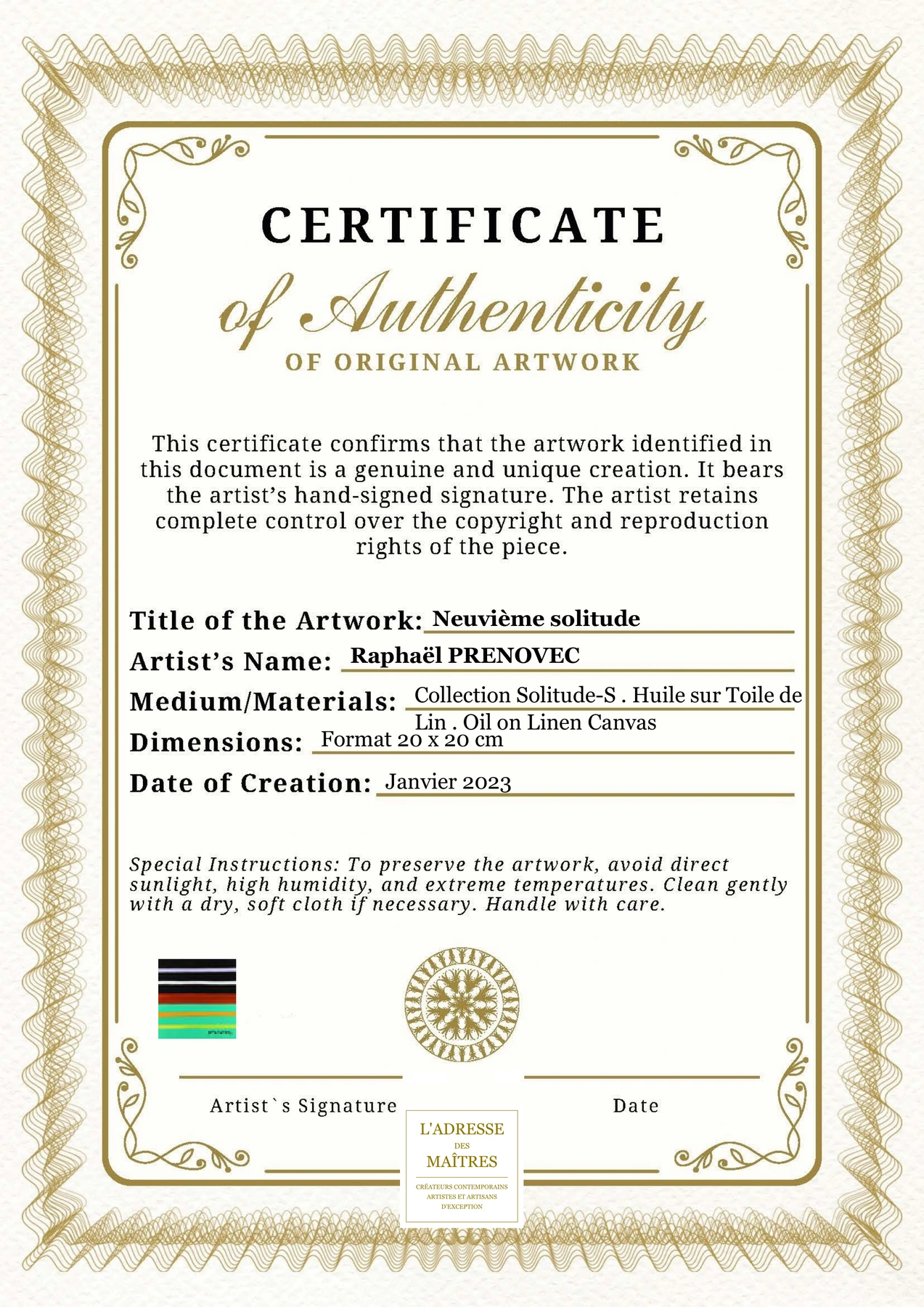 Certificat d'authenticité - Neuvième solitude - Raphaël PRENOVEC