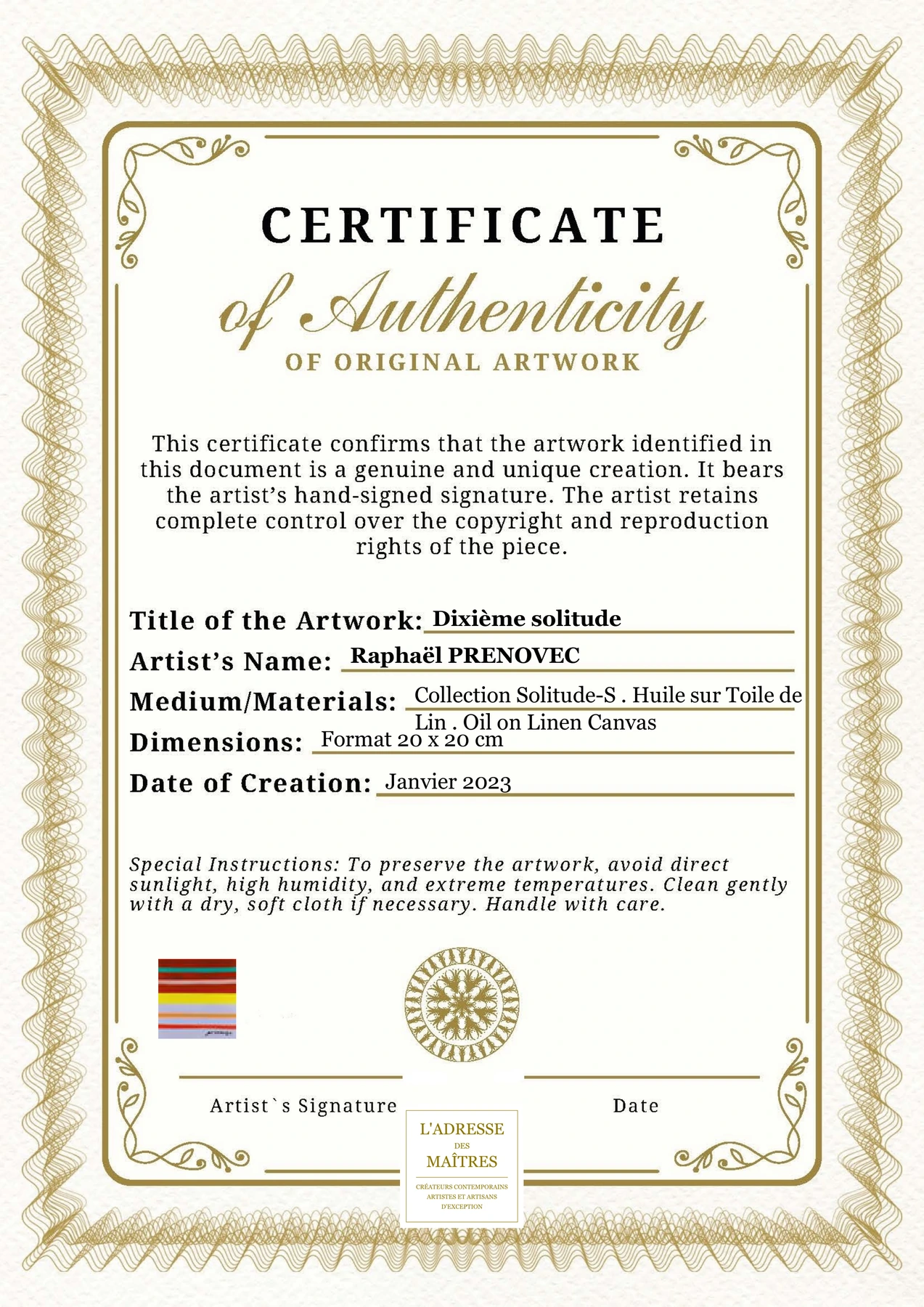Certificat d'authenticité - Dixième solitude - Raphaël PRENOVEC