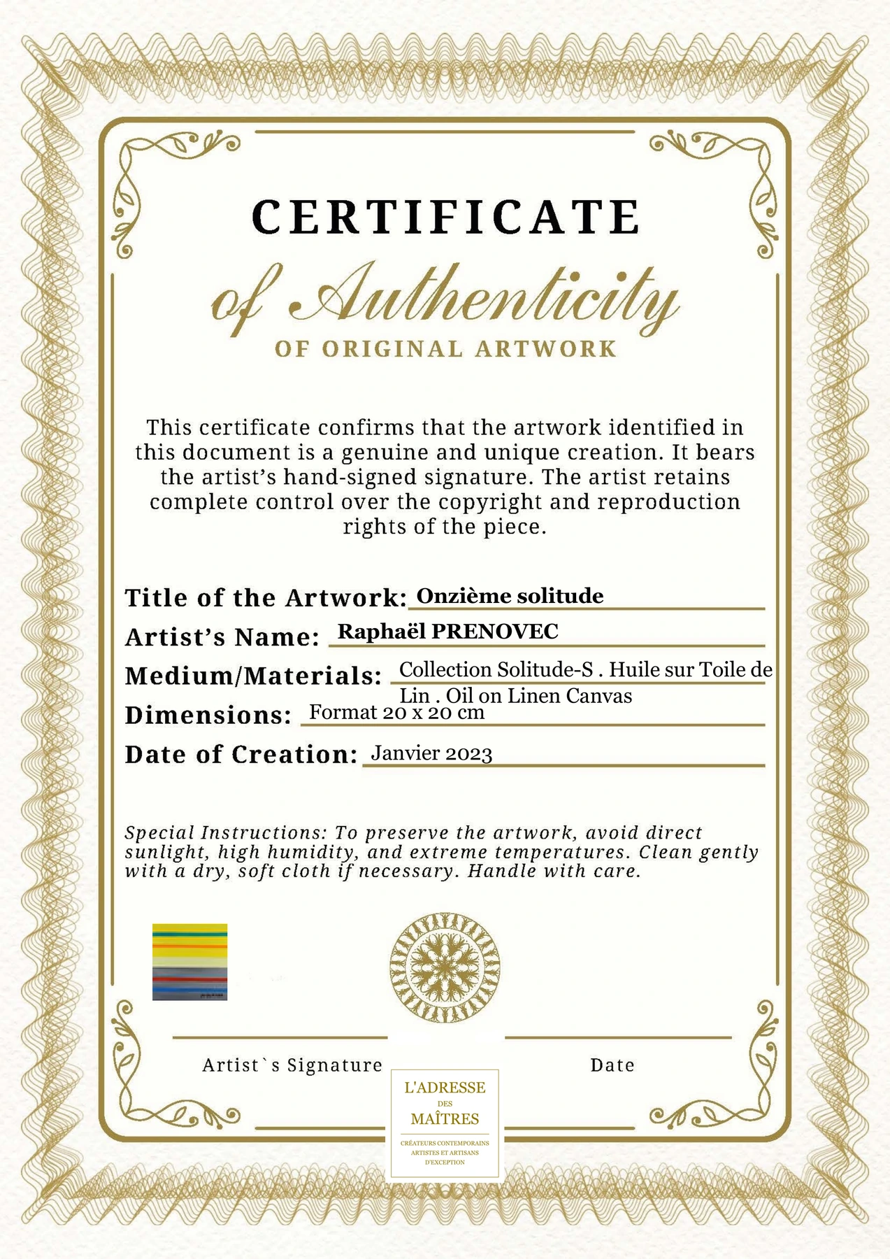 Certificat d'authenticité - Onzième solitude - Raphaël PRENOVEC