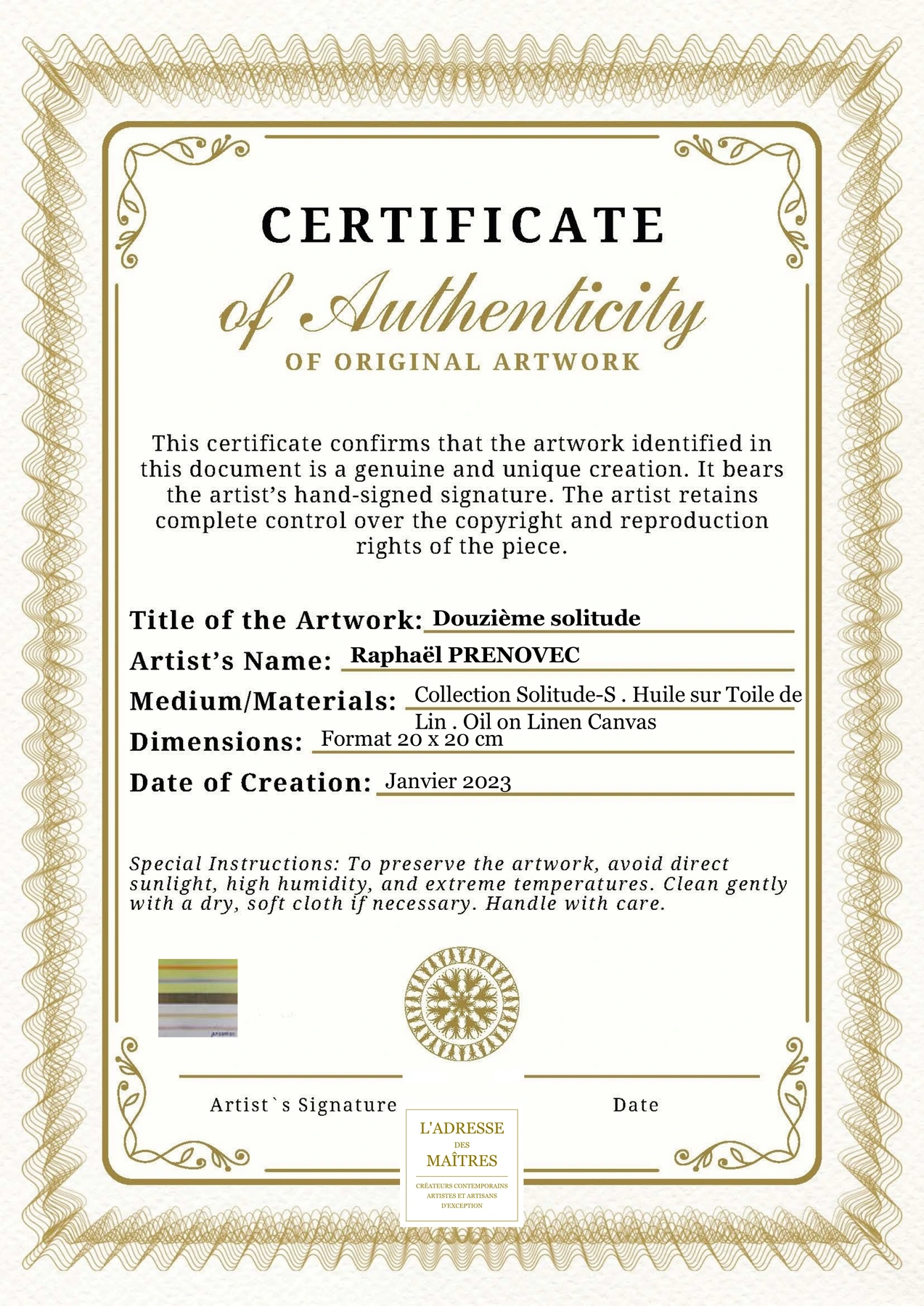 Certificat d'authenticité - Douzième solitude - Raphaël PRENOVEC