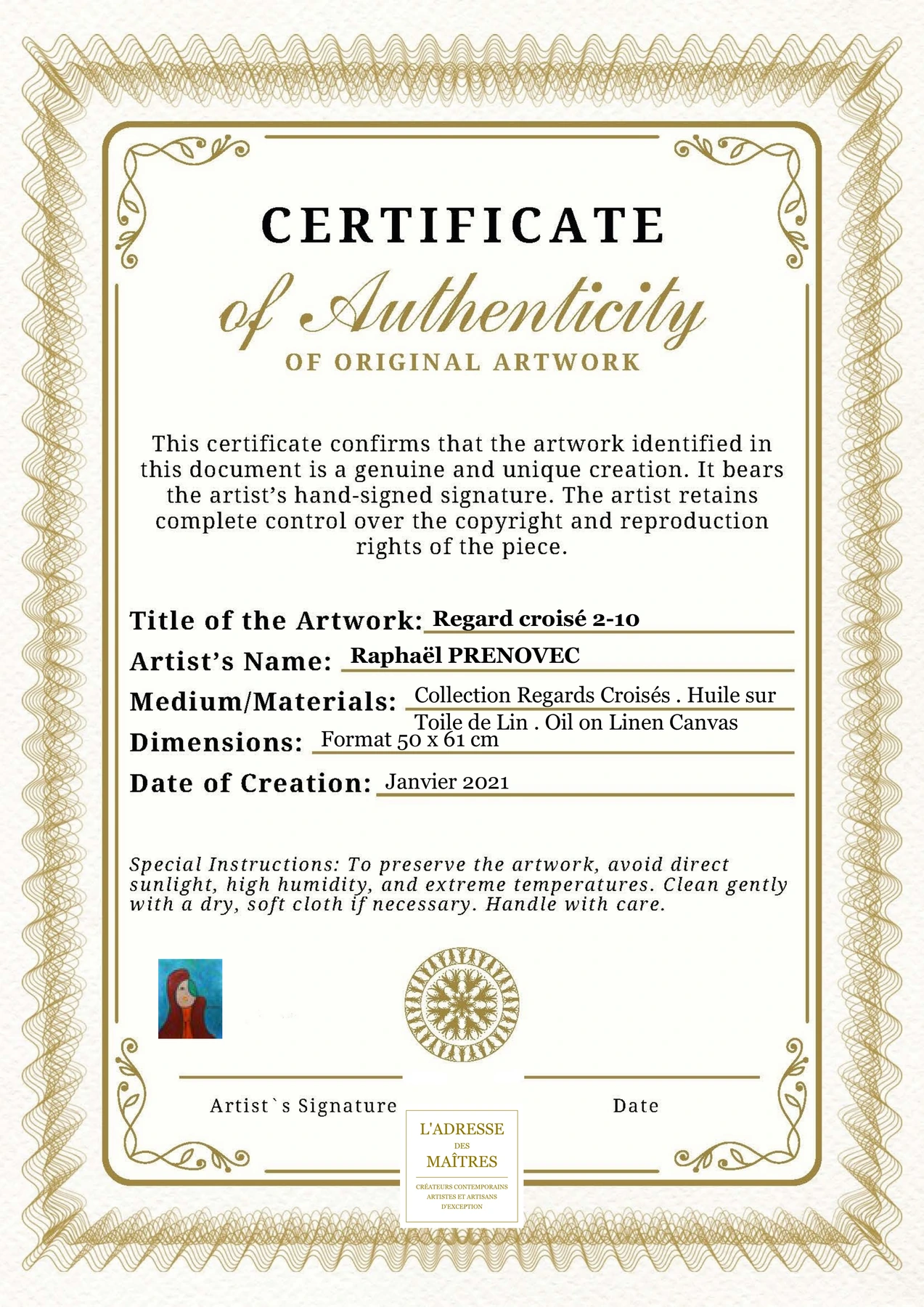 Certificat d'authenticité - Regard croisé 2-10 - Raphaël PRENOVEC