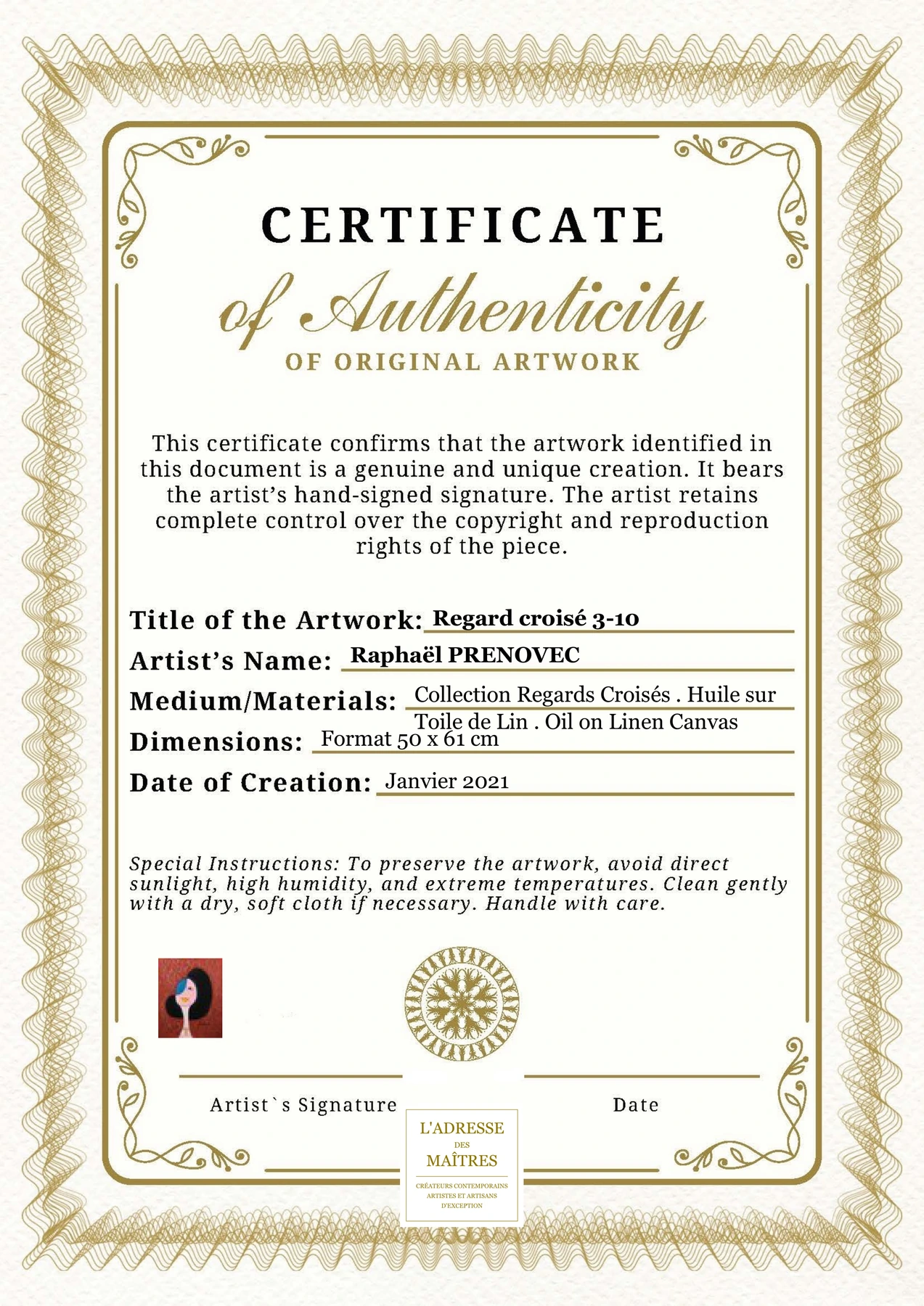 Certificat d'authenticité - Regard croisé 3-10 - Raphaël PRENOVEC