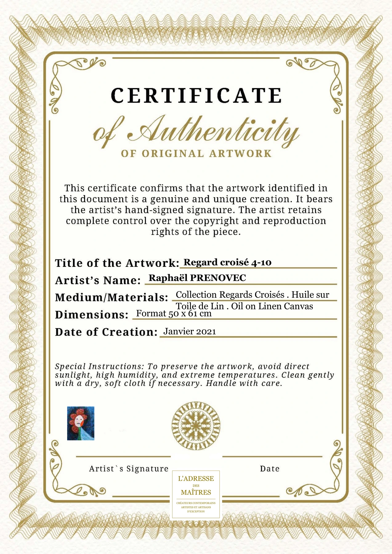 Certificat d'authenticité - Regard croisé 4-10 - Raphaël PRENOVEC