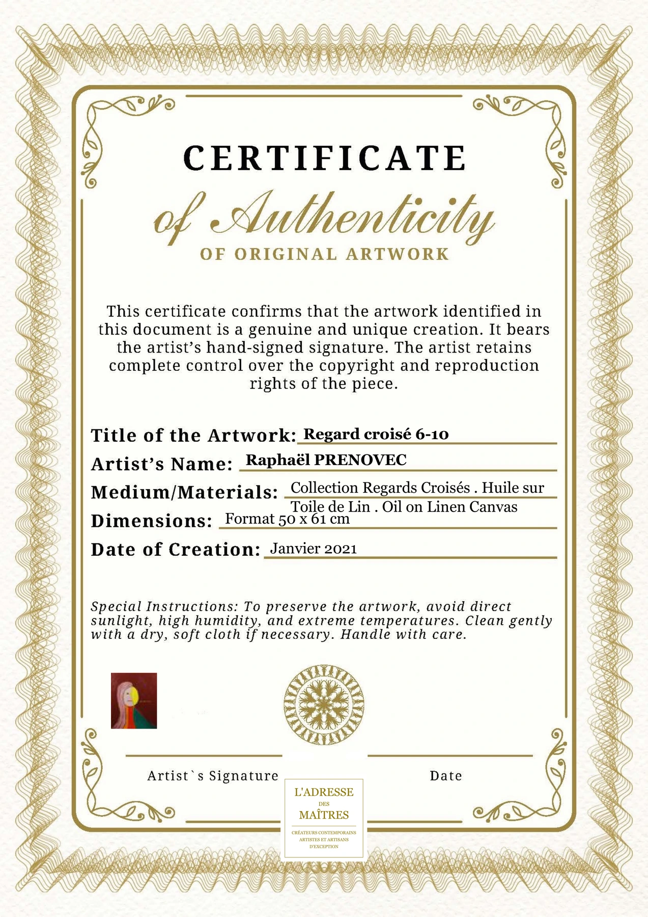 Certificat d'authenticité - Regard croisé 6-10 - Raphaël PRENOVEC