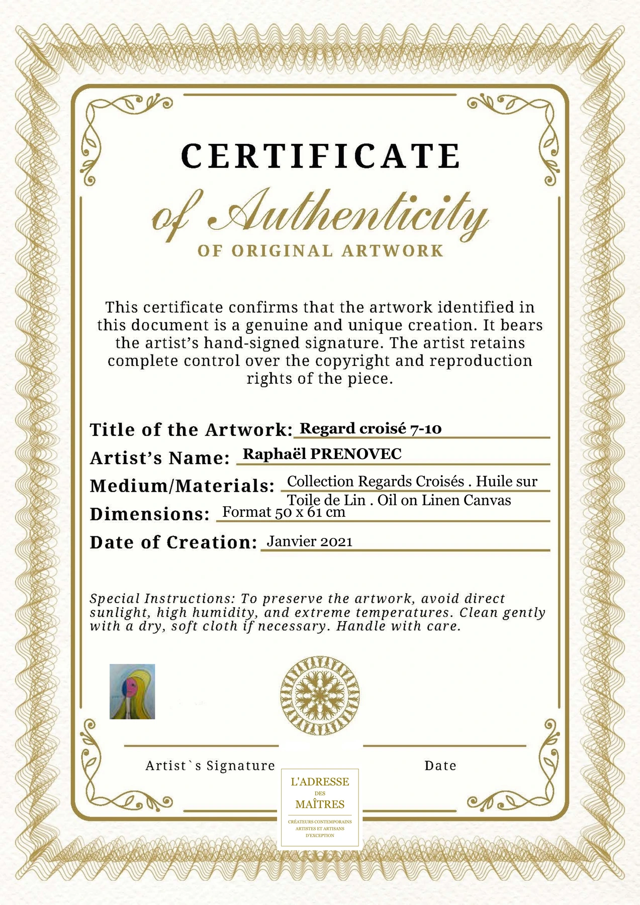 Certificat d'authenticité - Regard croisé 7-10 - Raphaël PRENOVEC
