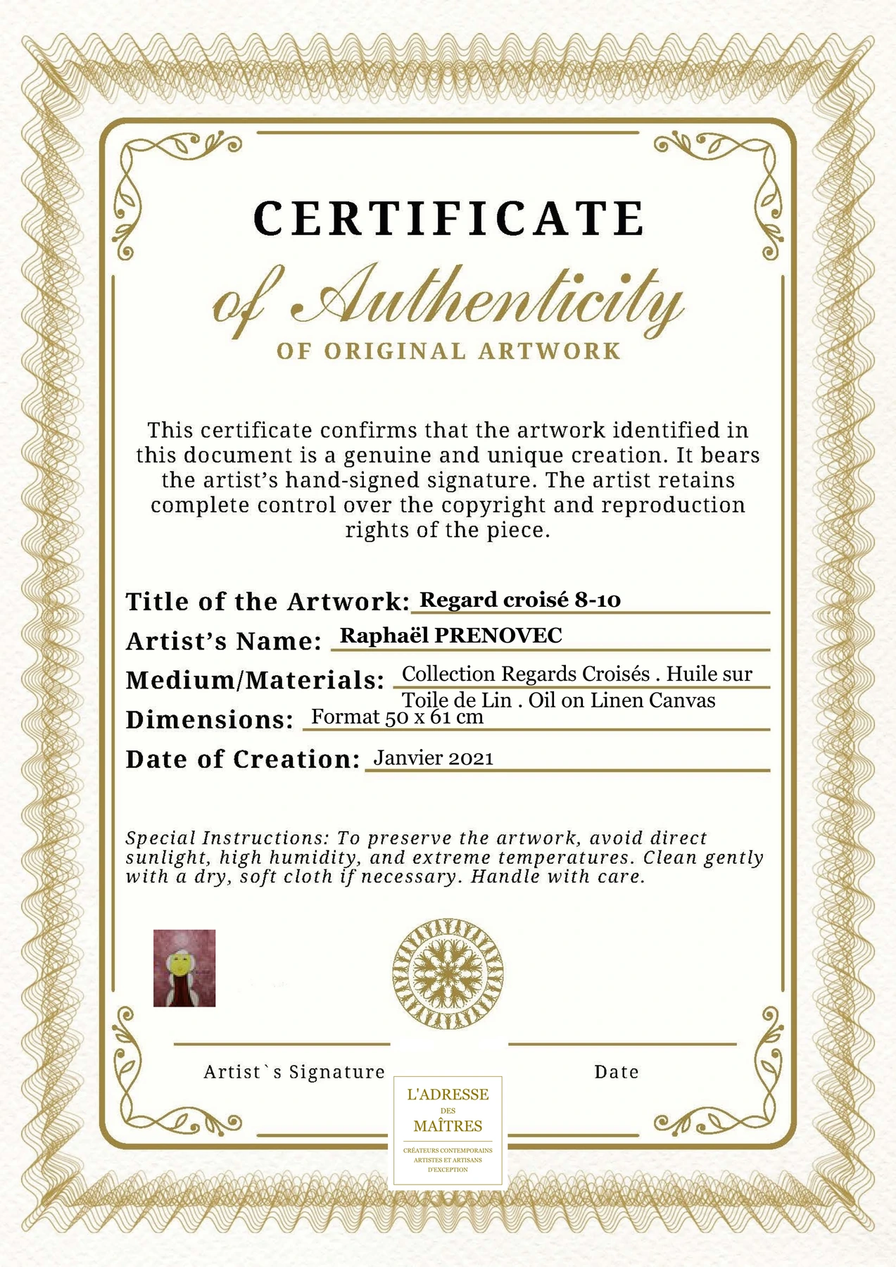 Certificat d'authenticité - Regard croisé 8-10 - Raphaël PRENOVEC
