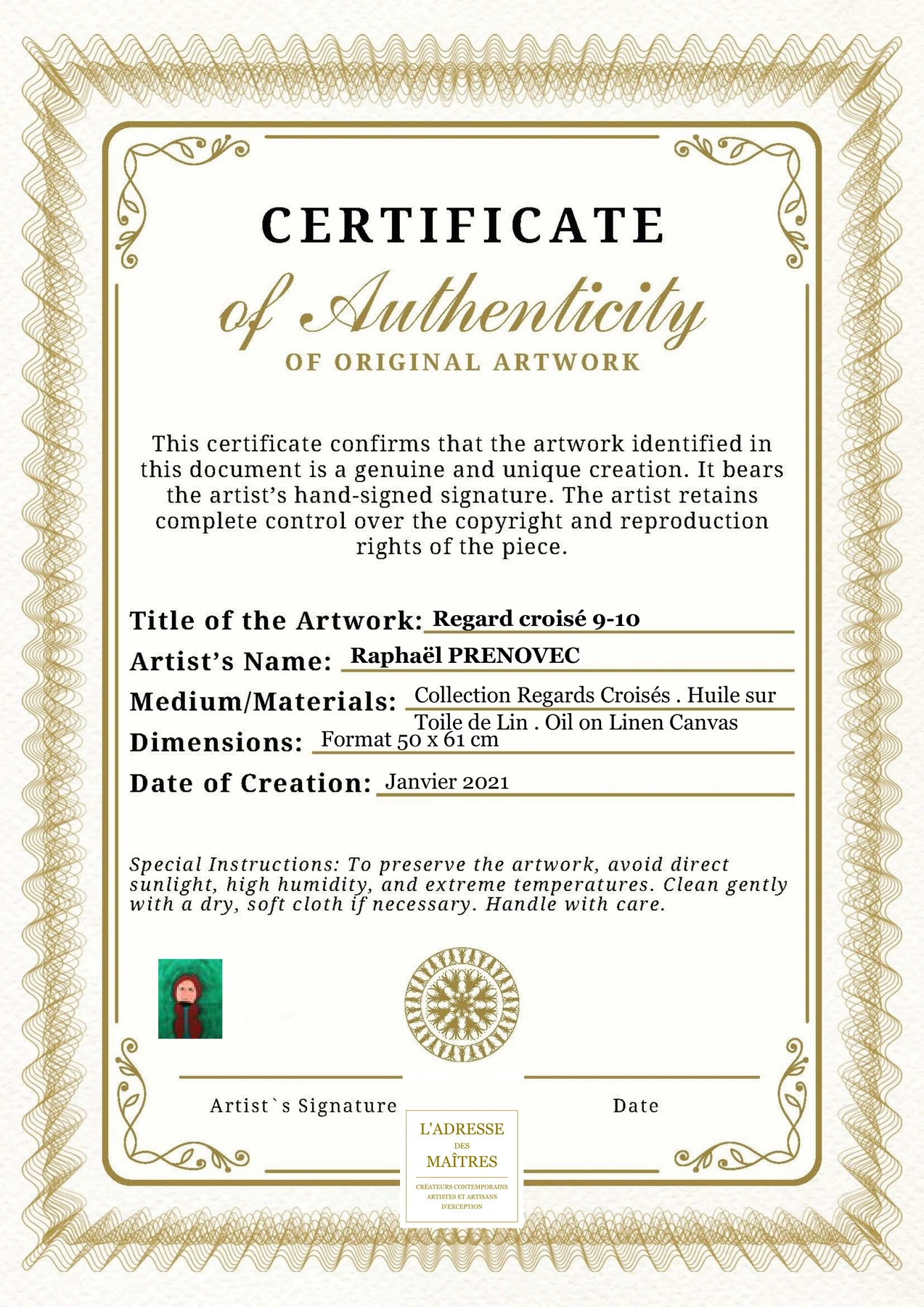 Certificat d'authenticité - Regard croisé 9-10 - Raphaël PRENOVEC