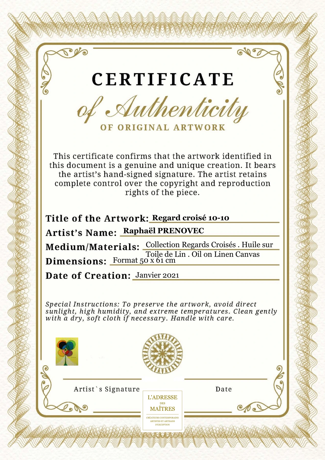 Certificat d'authenticité - Regard croisé 10-10 - Raphaël PRENOVEC