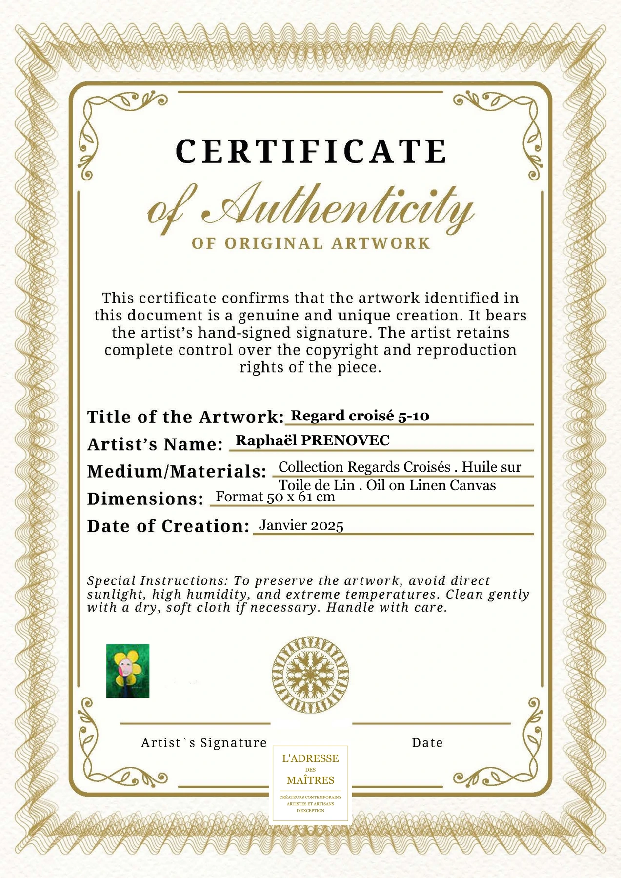 Certificat d'authenticité - Regard croisé 5-10 - Raphaël PRENOVEC