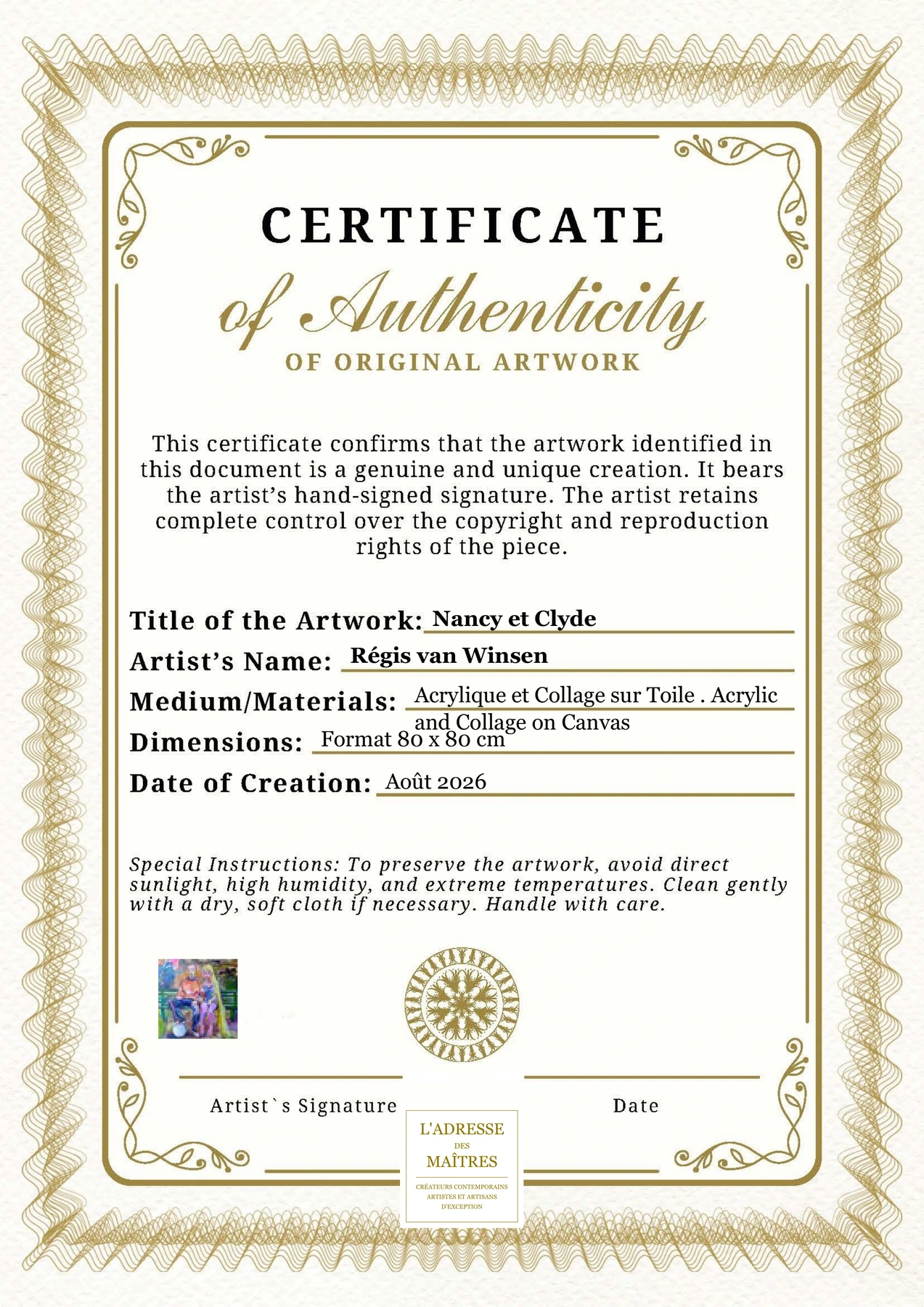 Certificat d'authenticité - Nancy et Clyde - Régis van Winsen