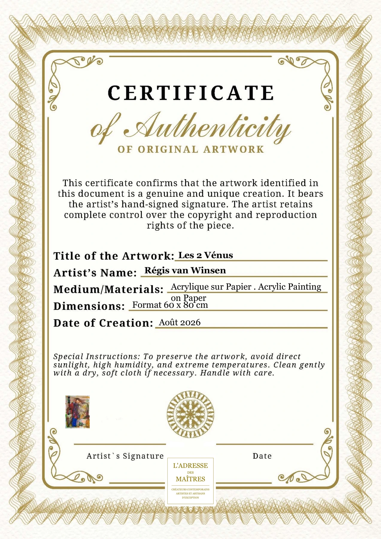 Certificat d'authenticité - Les 2 Vénus - Régis van Winsen