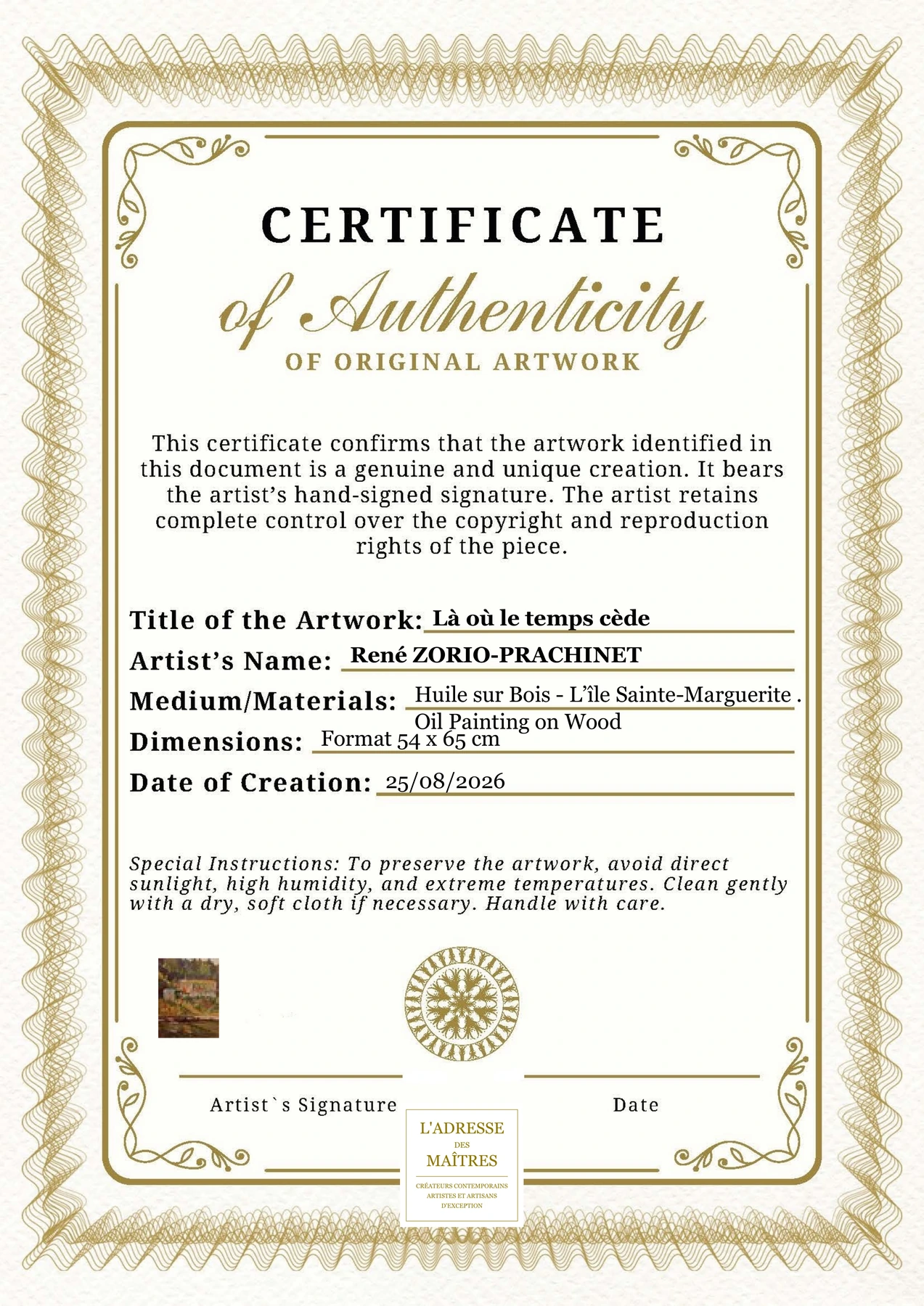 Certificat d'authenticité - Là où le temps cède - René ZORIO-PRACHINET